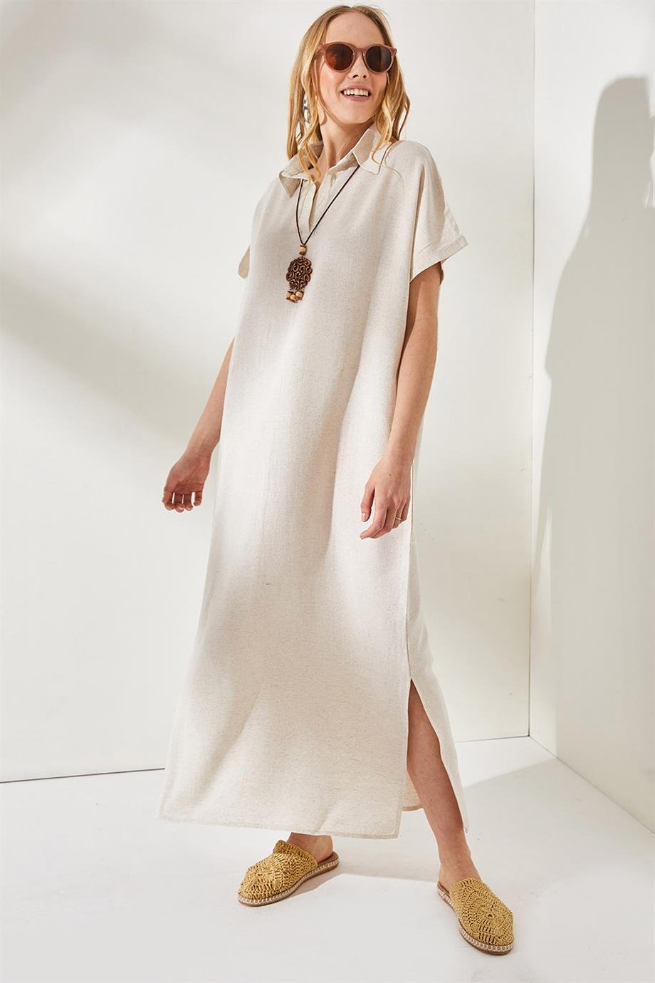 Polo Yaka Yırtmaçlı Oversize Keten Karışımlı Elbise Taş