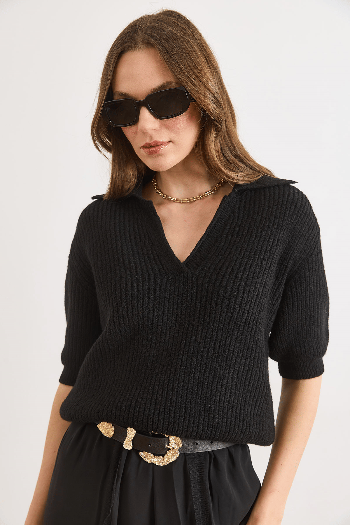 Polo Yaka Yumuşak Dokulu Crop Triko Kazak Siyah
