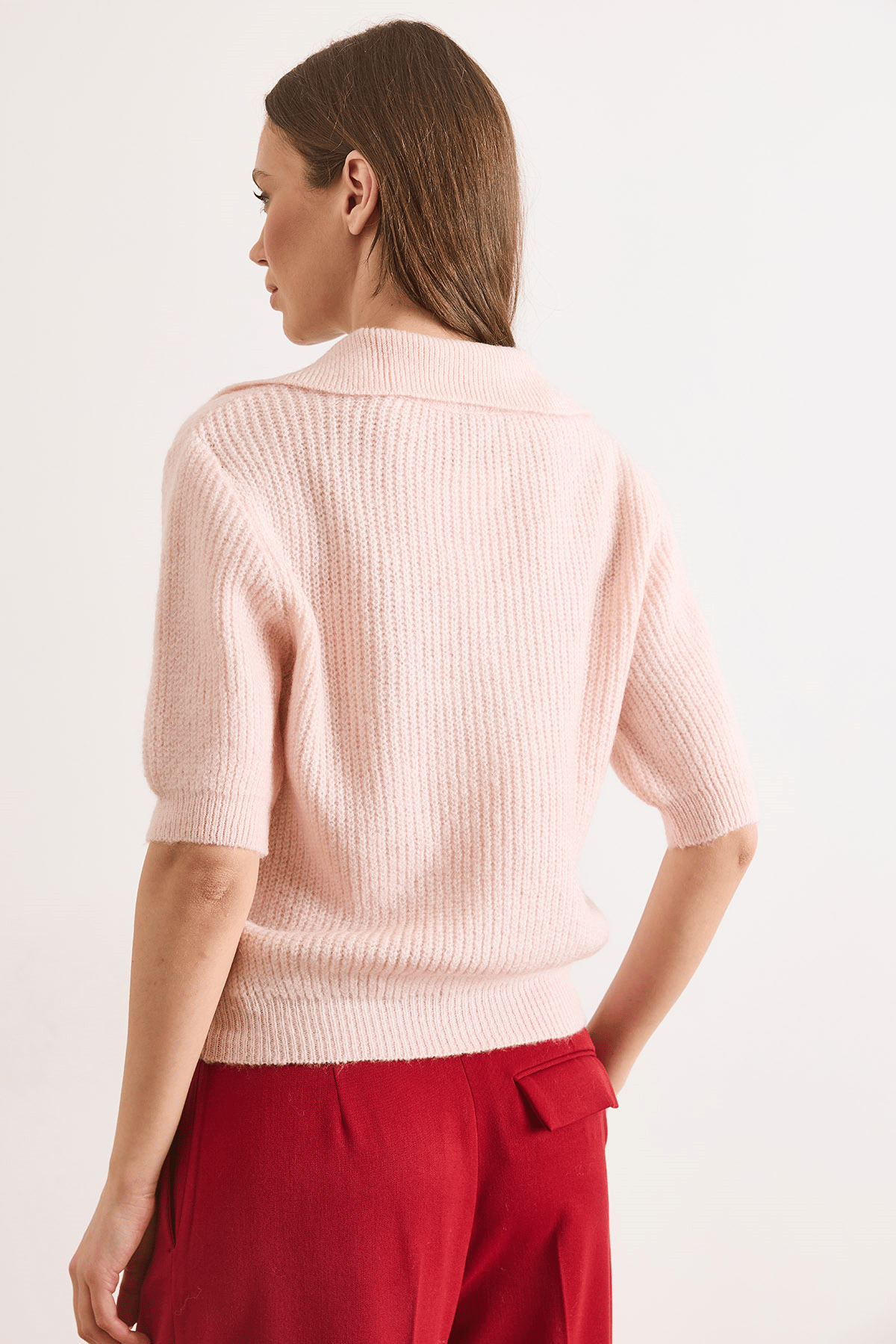 Polo Yaka Yumuşak Dokulu Crop Triko Kazak Toz Pembe