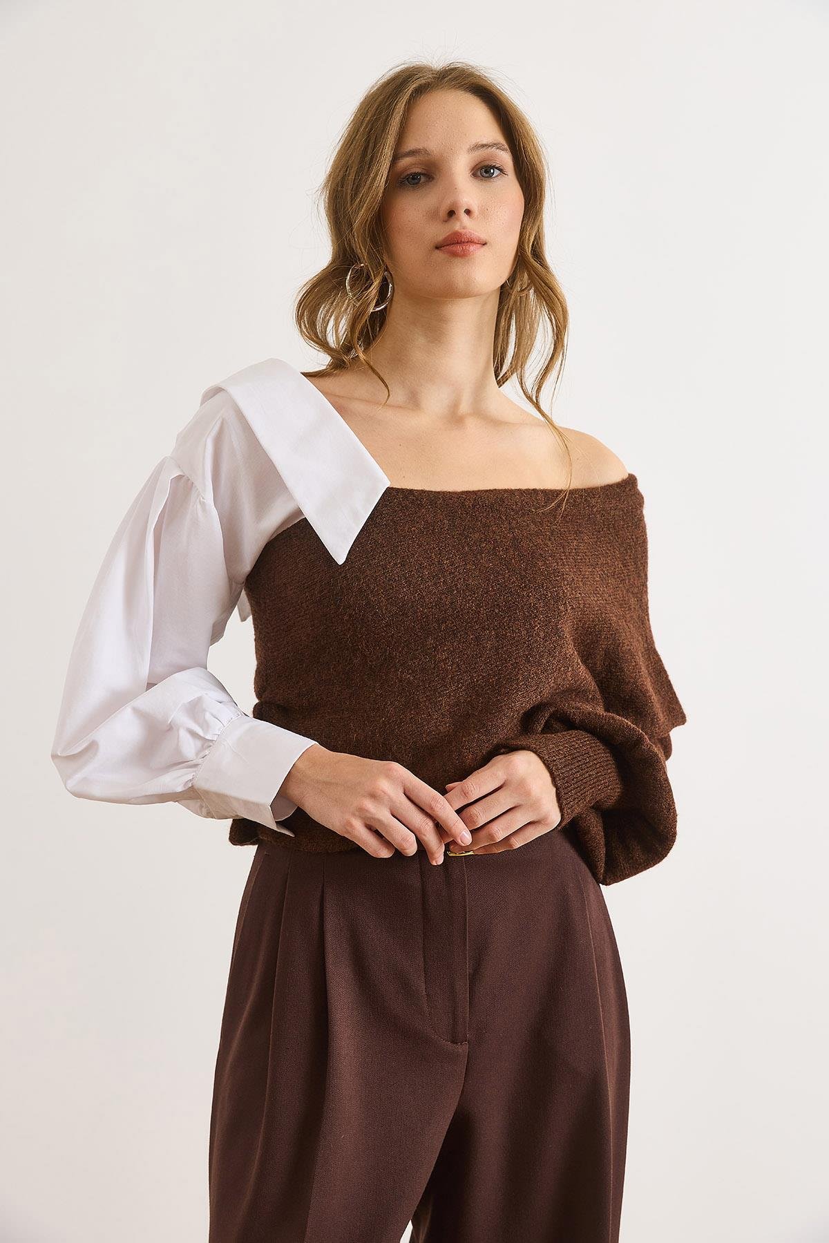 Poplin Detaylı Trend Triko Kazak Kahverengi