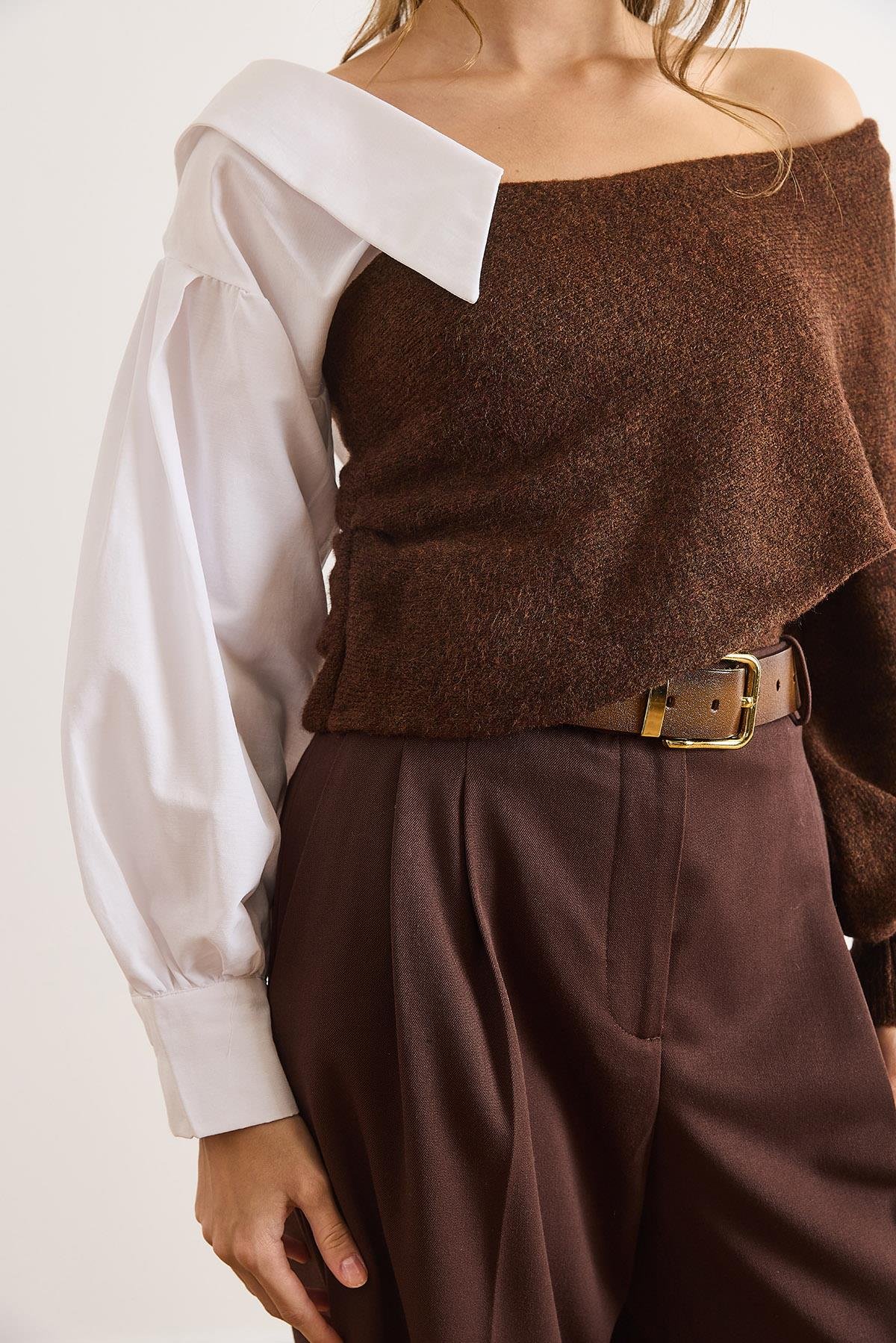 Poplin Detaylı Trend Triko Kazak Kahverengi
