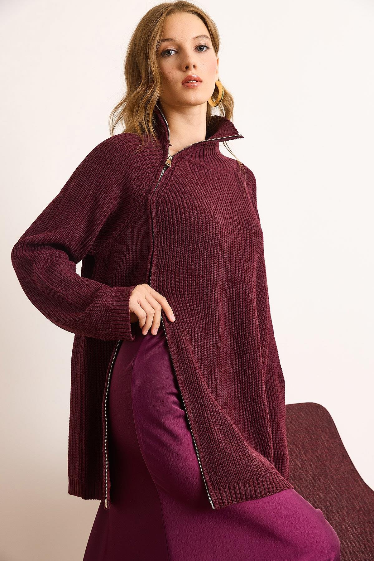 Premium Çift Taraflı Fermuar Detaylı Pamuk Oversize Kazak Bordo
