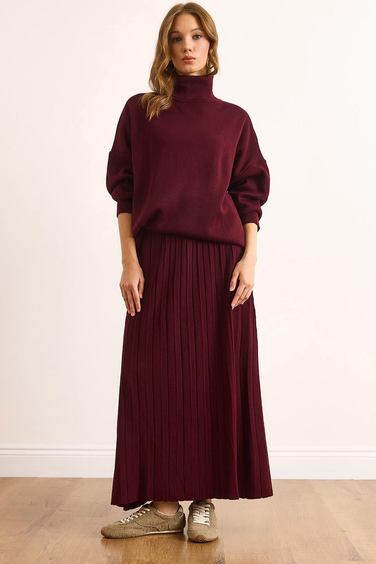 Premium Maxi Pilise Etek Oversize Kazak Takım Mürdüm