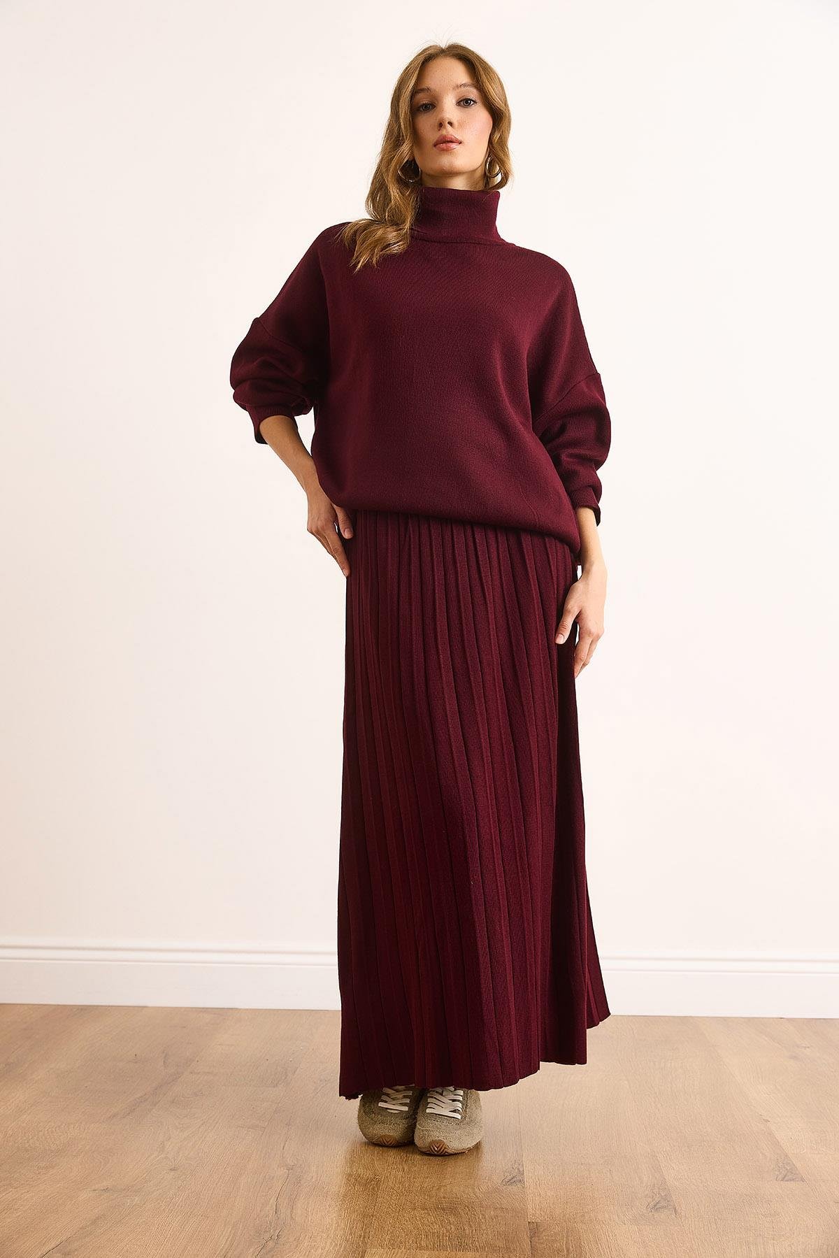 Premium Maxi Pilise Etek Oversize Kazak Takım Mürdüm
