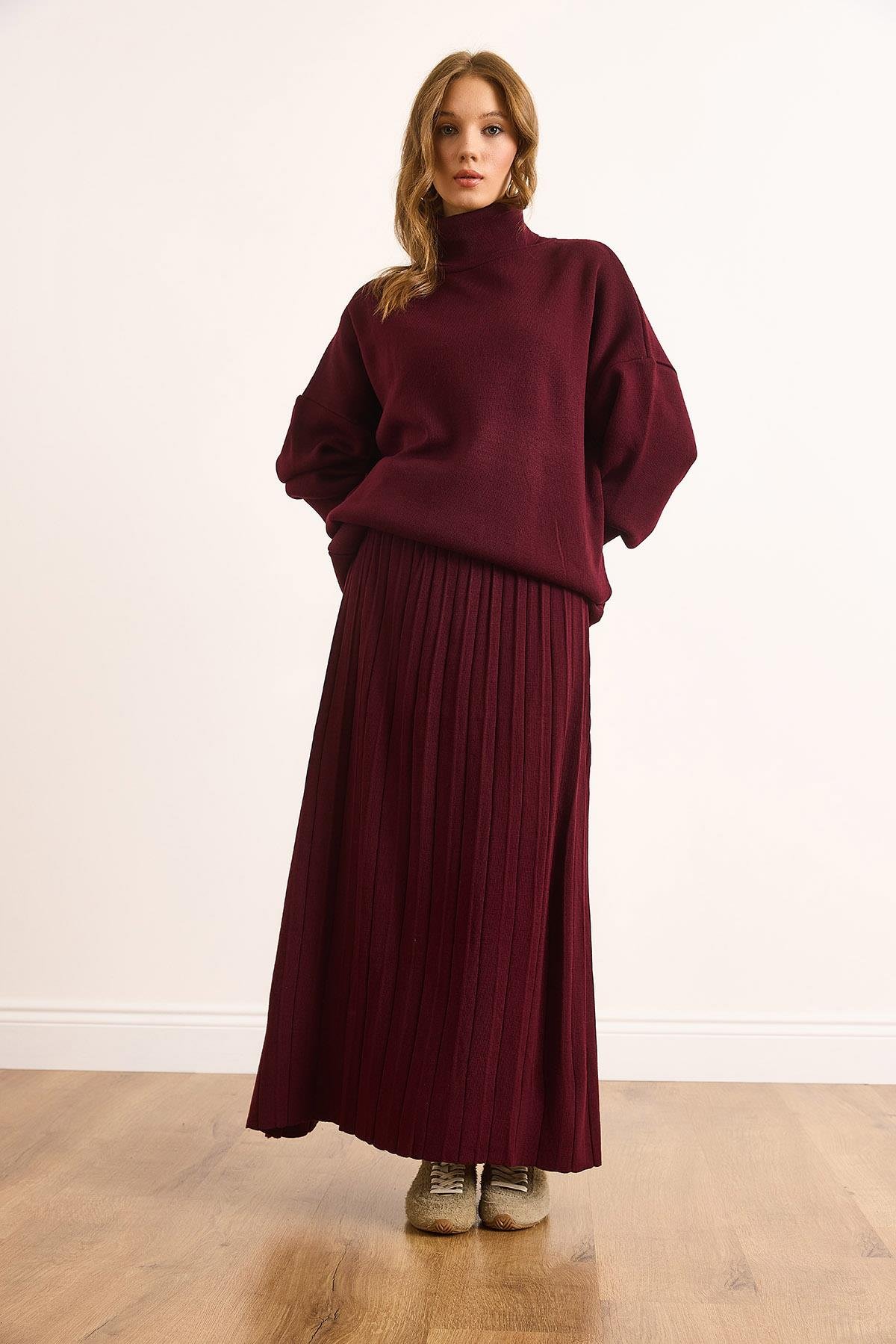 Premium Maxi Pilise Etek Oversize Kazak Takım Mürdüm