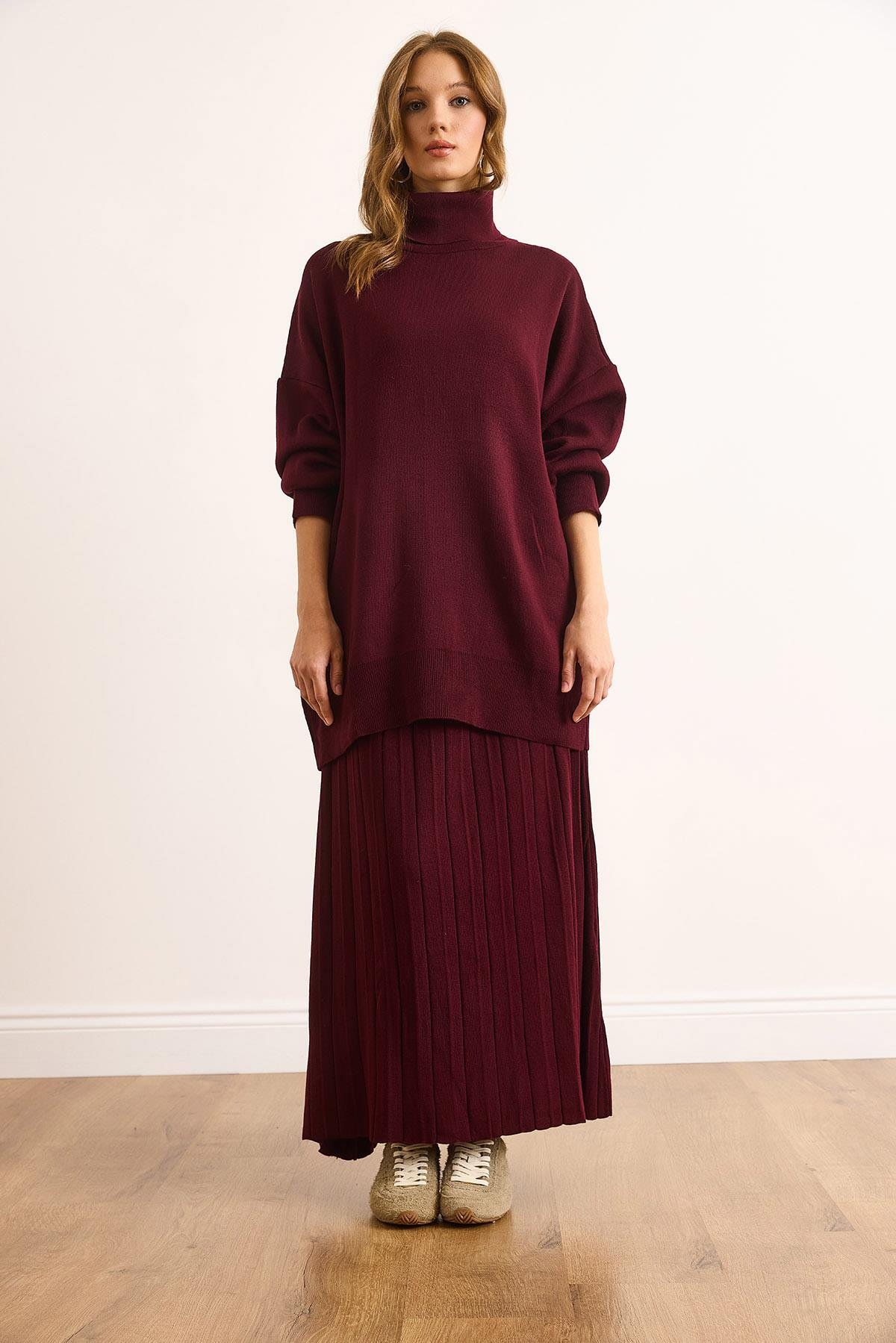 Premium Maxi Pilise Etek Oversize Kazak Takım Mürdüm