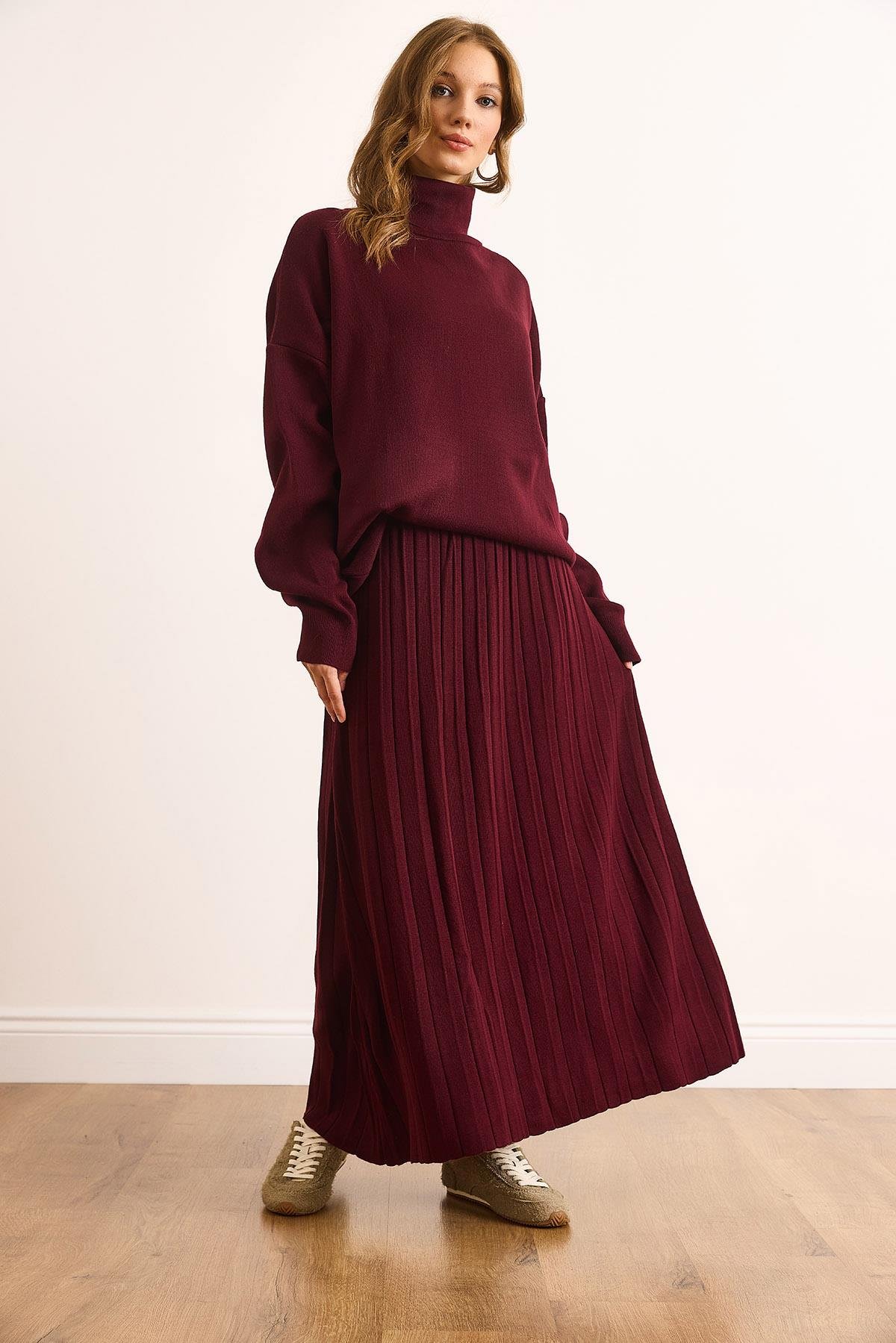 Premium Maxi Pilise Etek Oversize Kazak Takım Mürdüm