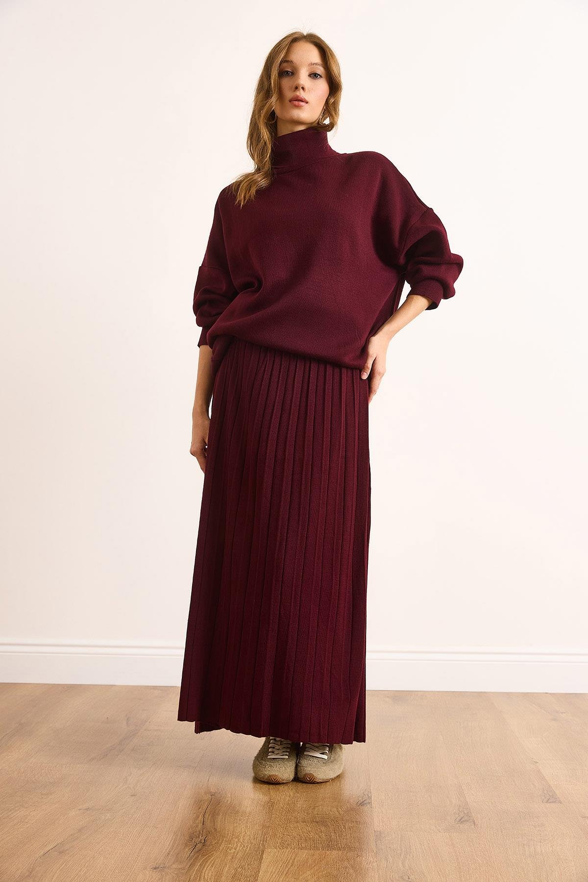 Premium Maxi Pilise Etek Oversize Kazak Takım Mürdüm