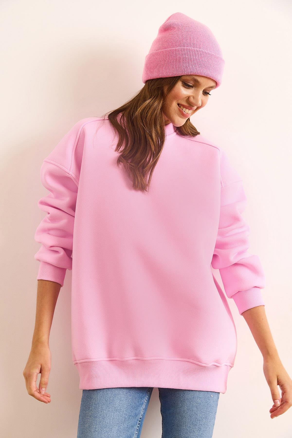 Premium Omuzu Dikiş Detaylı Oversize Şardonlu Sweatshirt Şeker Pembe