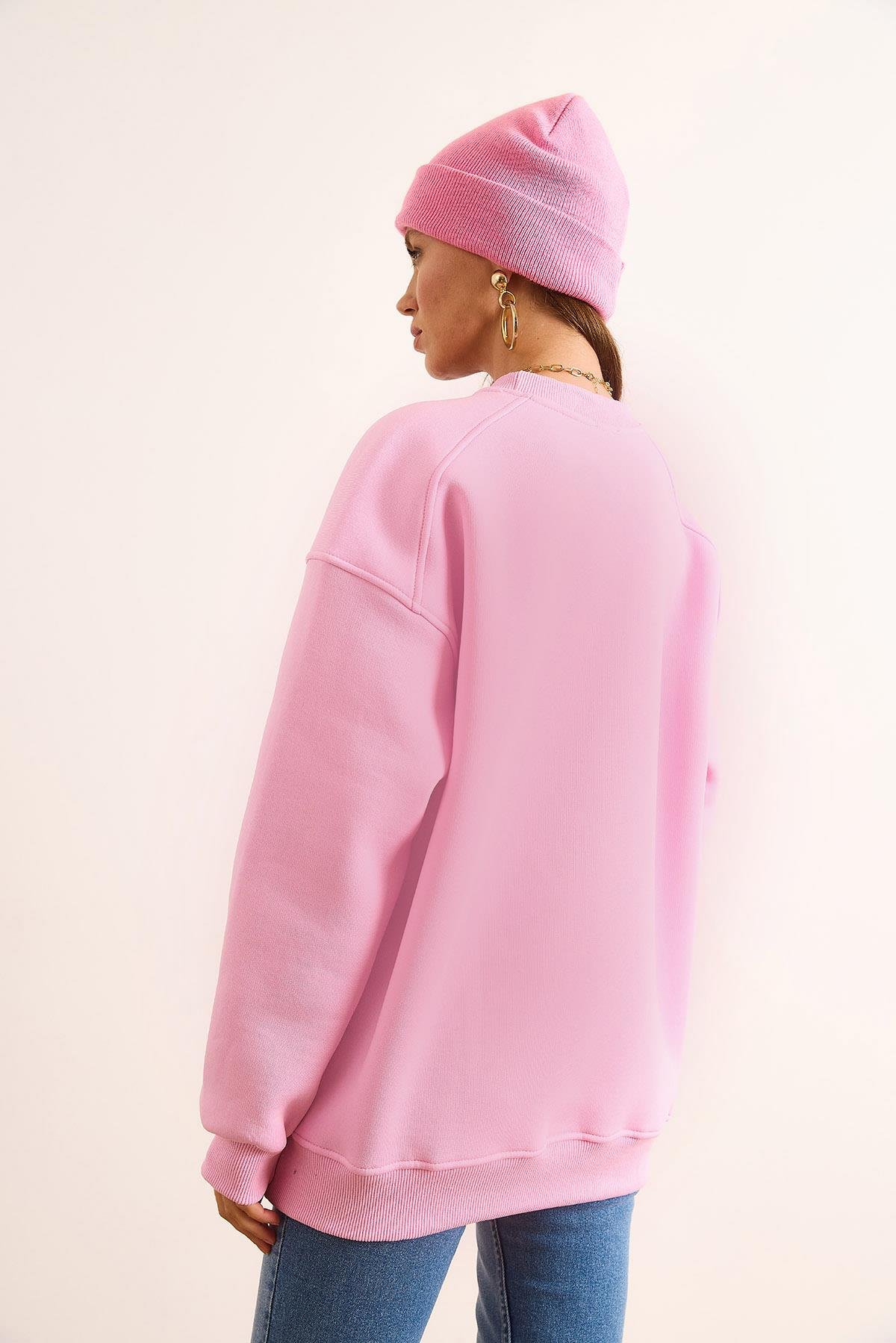 Premium Omuzu Dikiş Detaylı Oversize Şardonlu Sweatshirt Şeker Pembe