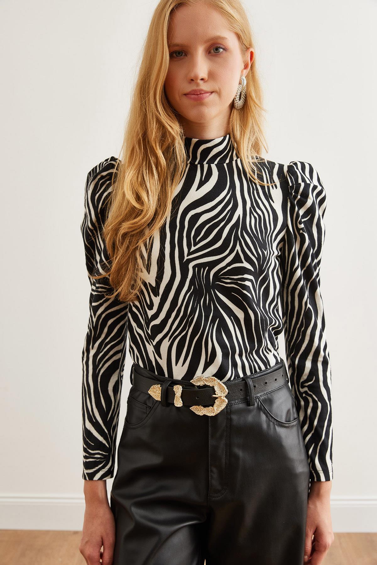 Prenses Kol Süet Dokulu Bluz Zebra Siyah