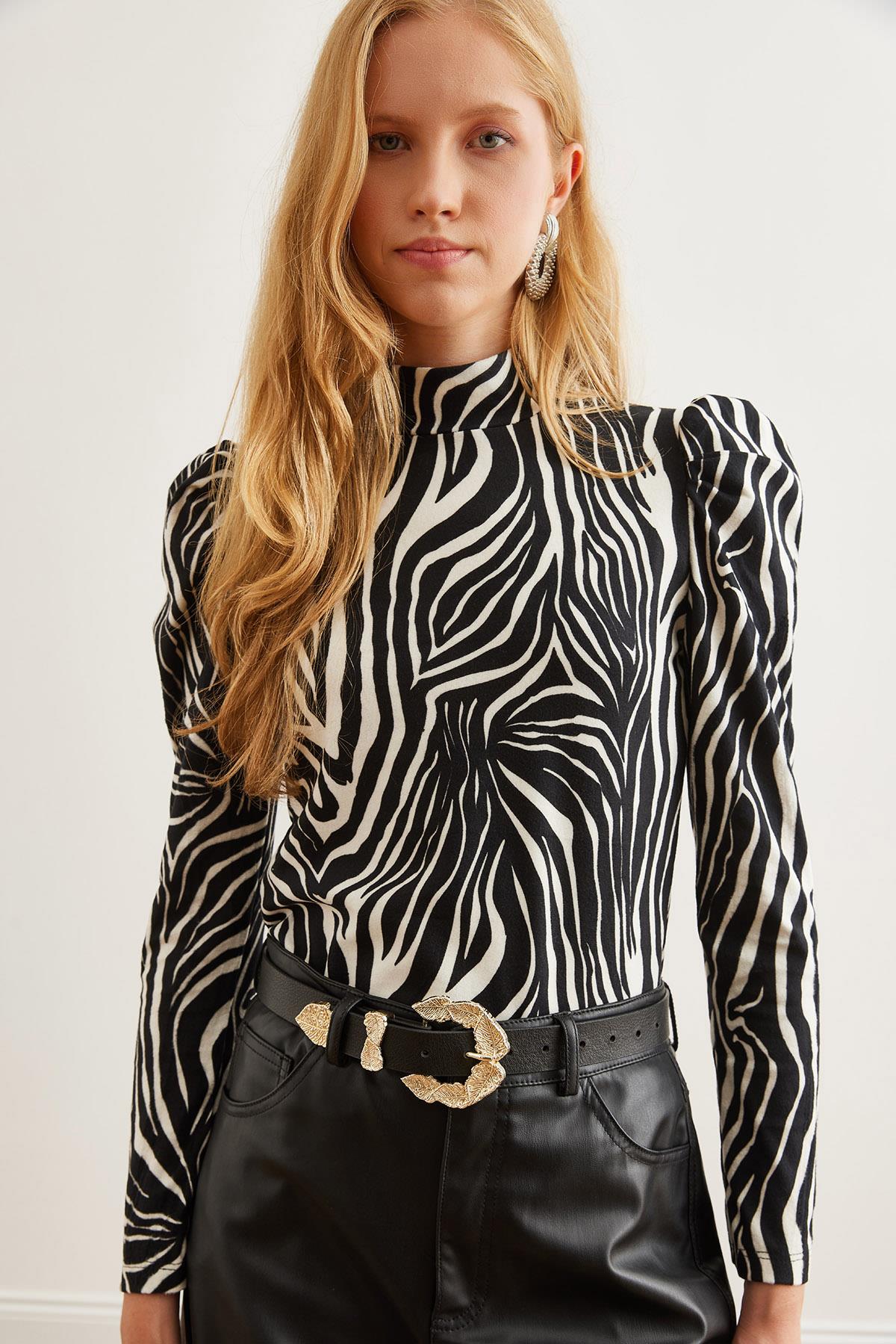 Prenses Kol Süet Dokulu Bluz Zebra Siyah