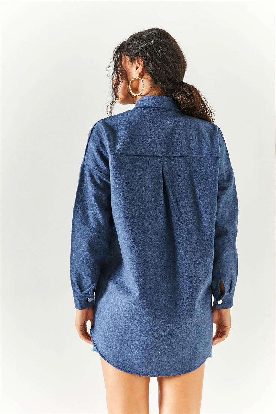 Pul Payet Detaylı Oversize Kaşe Gömlek Yaprak İndigo