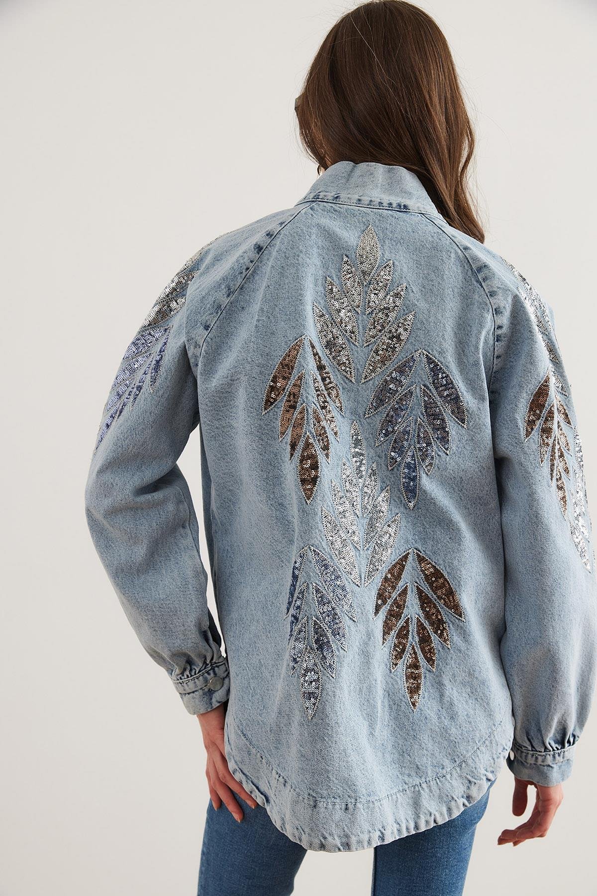 Pul Payet Nakış Detaylı Denim Ceket Damla Pul Mavi