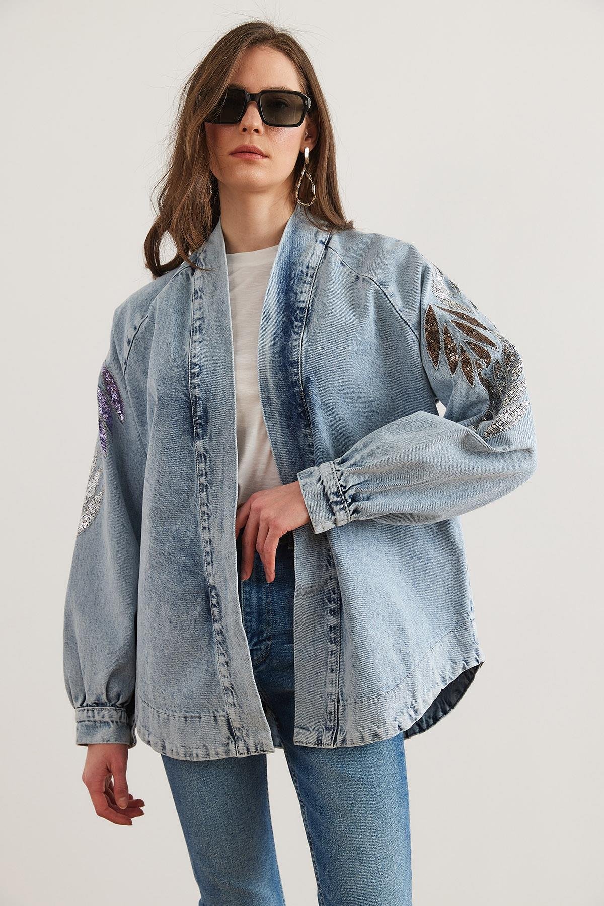 Pul Payet Nakış Detaylı Denim Ceket Damla Pul Mavi