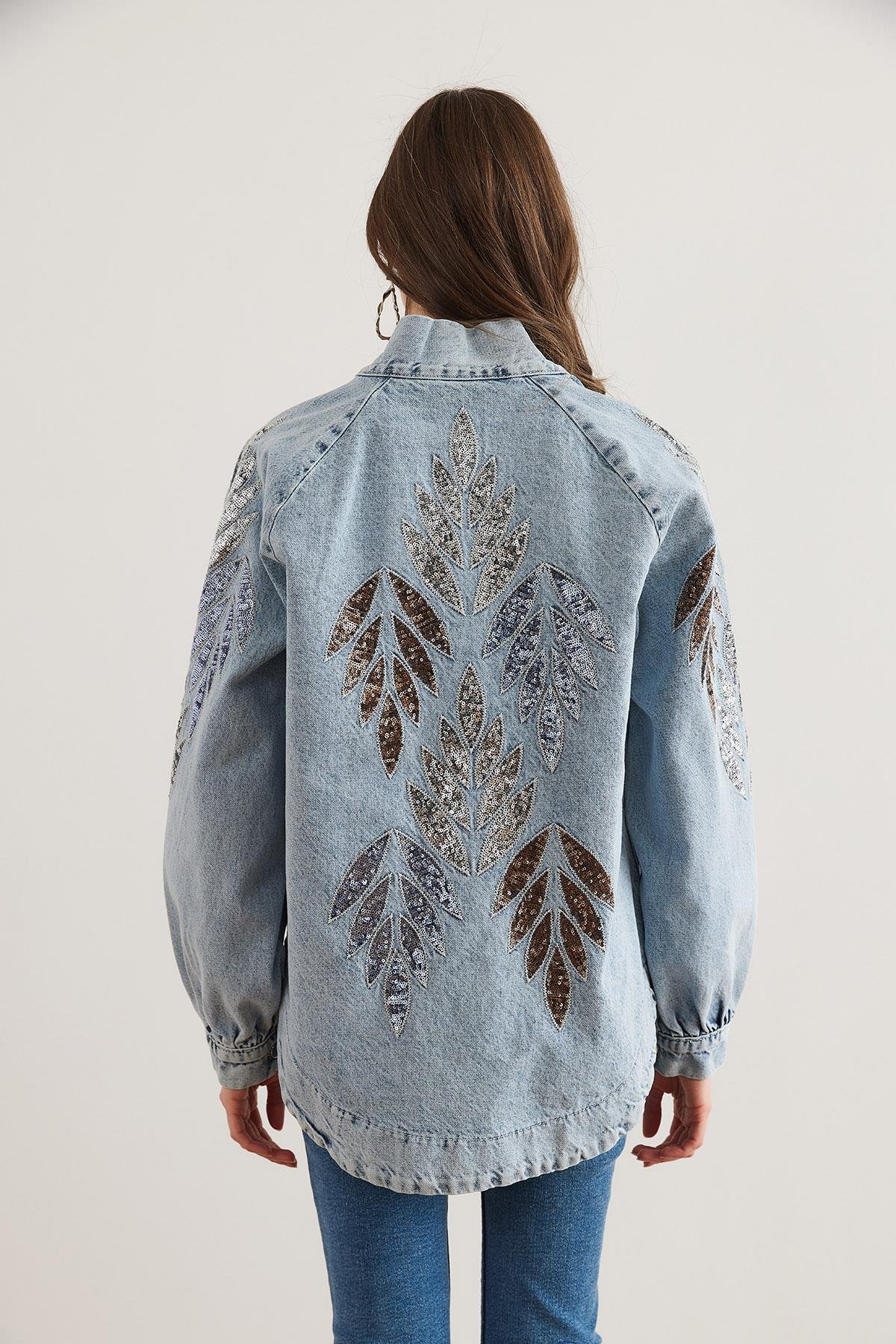 Pul Payet Nakış Detaylı Denim Ceket Damla Pul Mavi