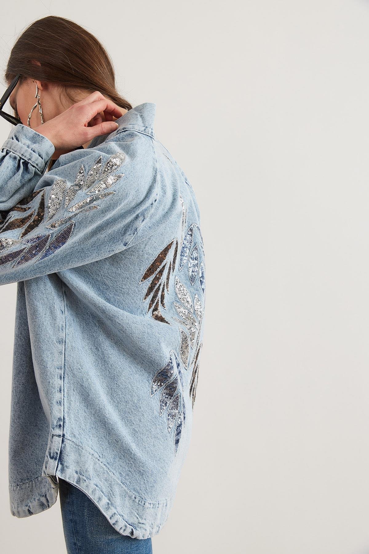 Pul Payet Nakış Detaylı Denim Ceket Damla Pul Mavi