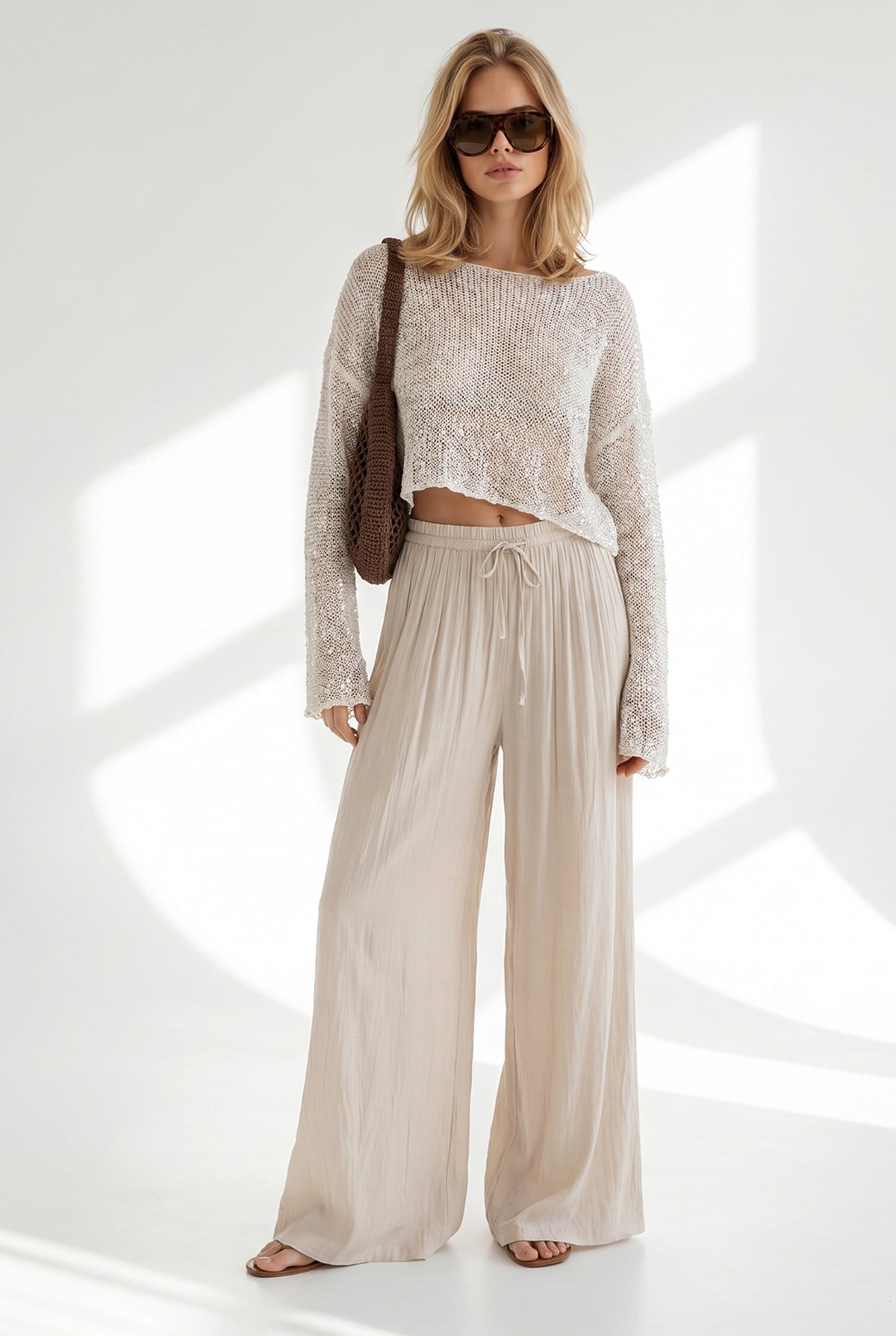 Pullu Ajurlu Crop Triko Bluz Ekru
