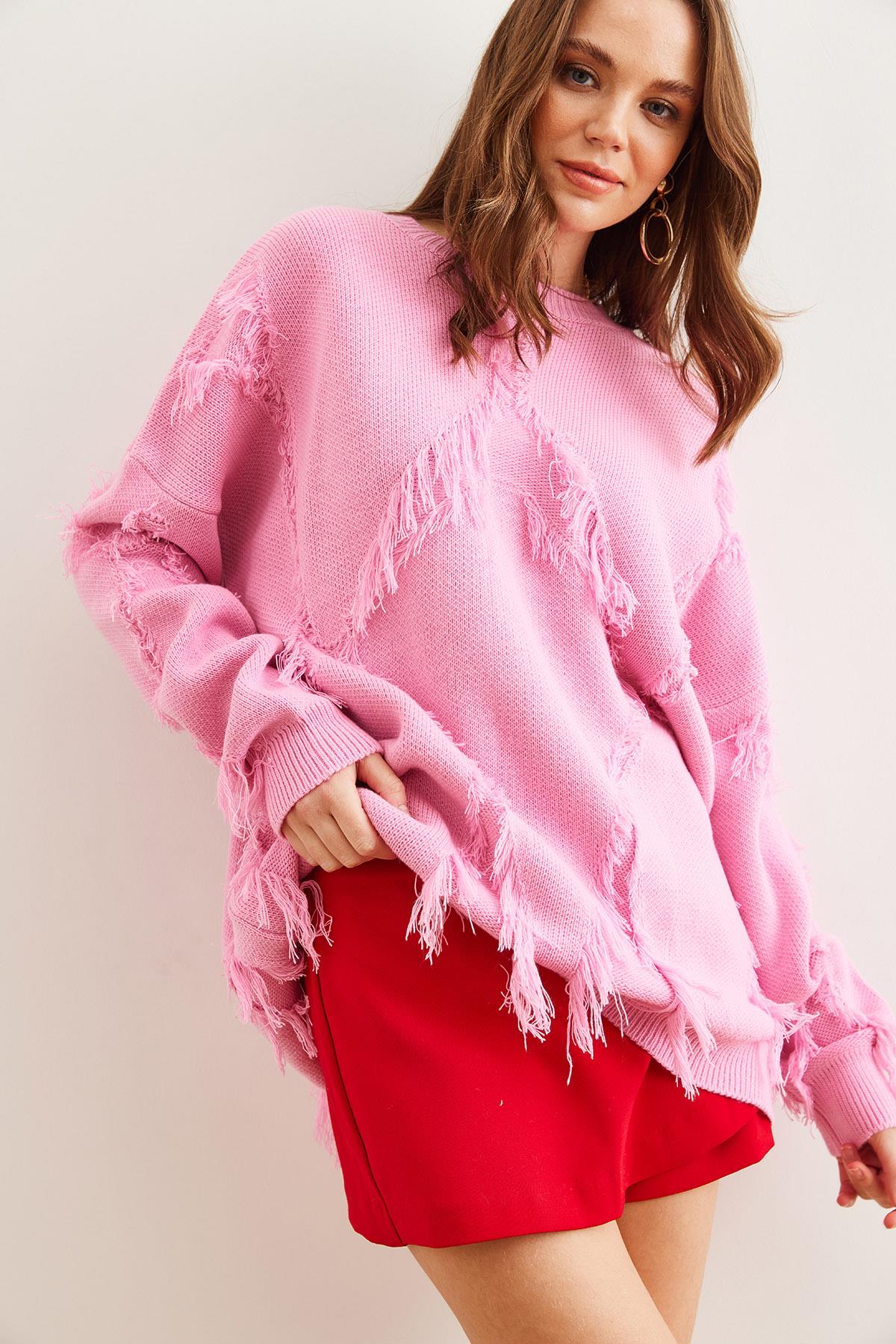 Püskül Detaylı Oversize Triko Kazak Pembe