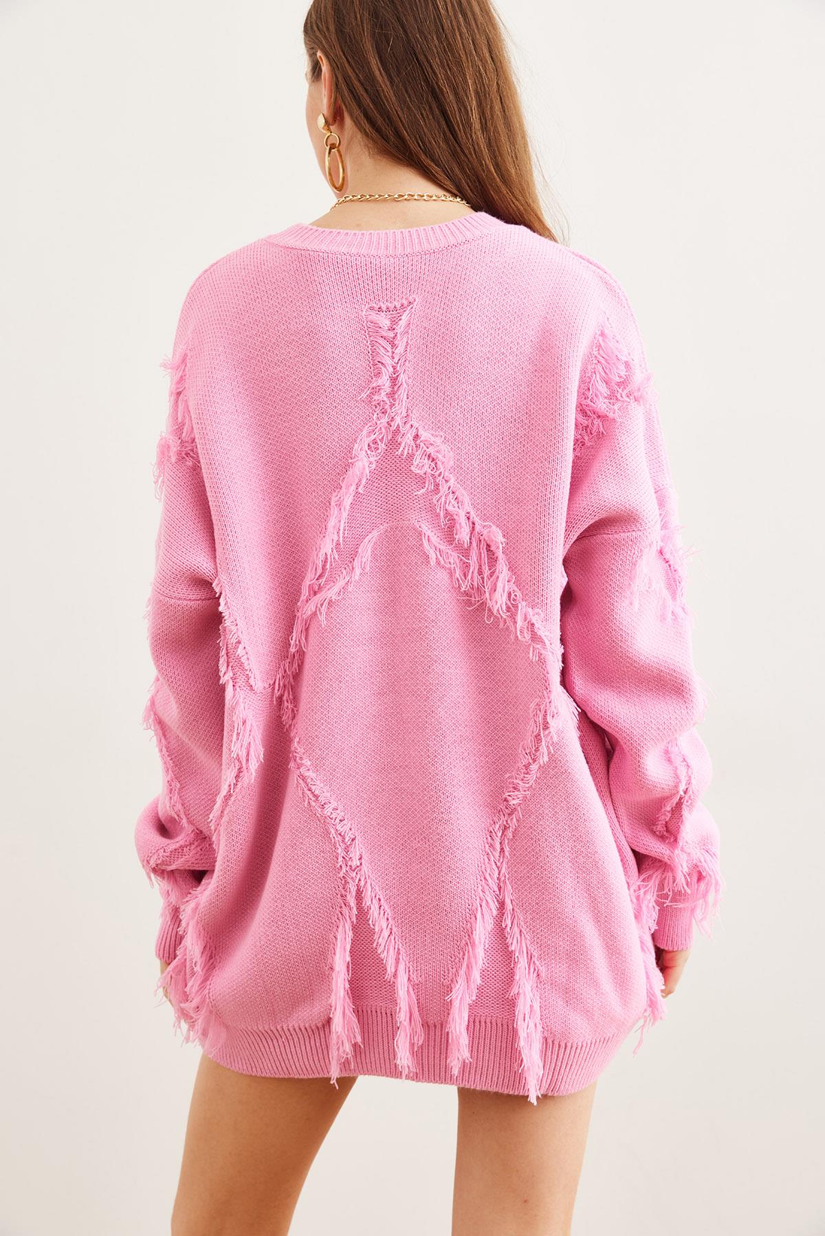 Püskül Detaylı Oversize Triko Kazak Pembe