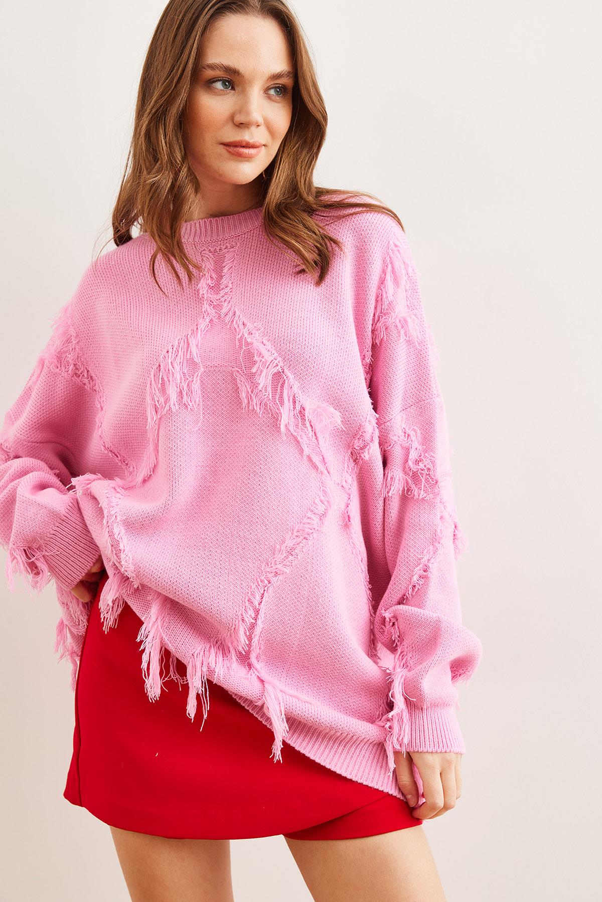 Püskül Detaylı Oversize Triko Kazak Pembe