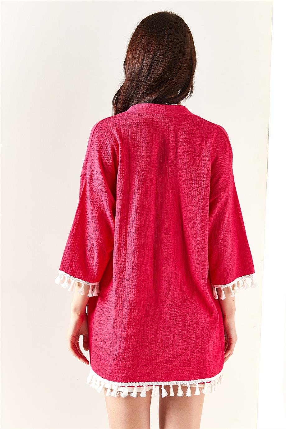 Püsküllü Dokuma Salaş Kimono Fuşya