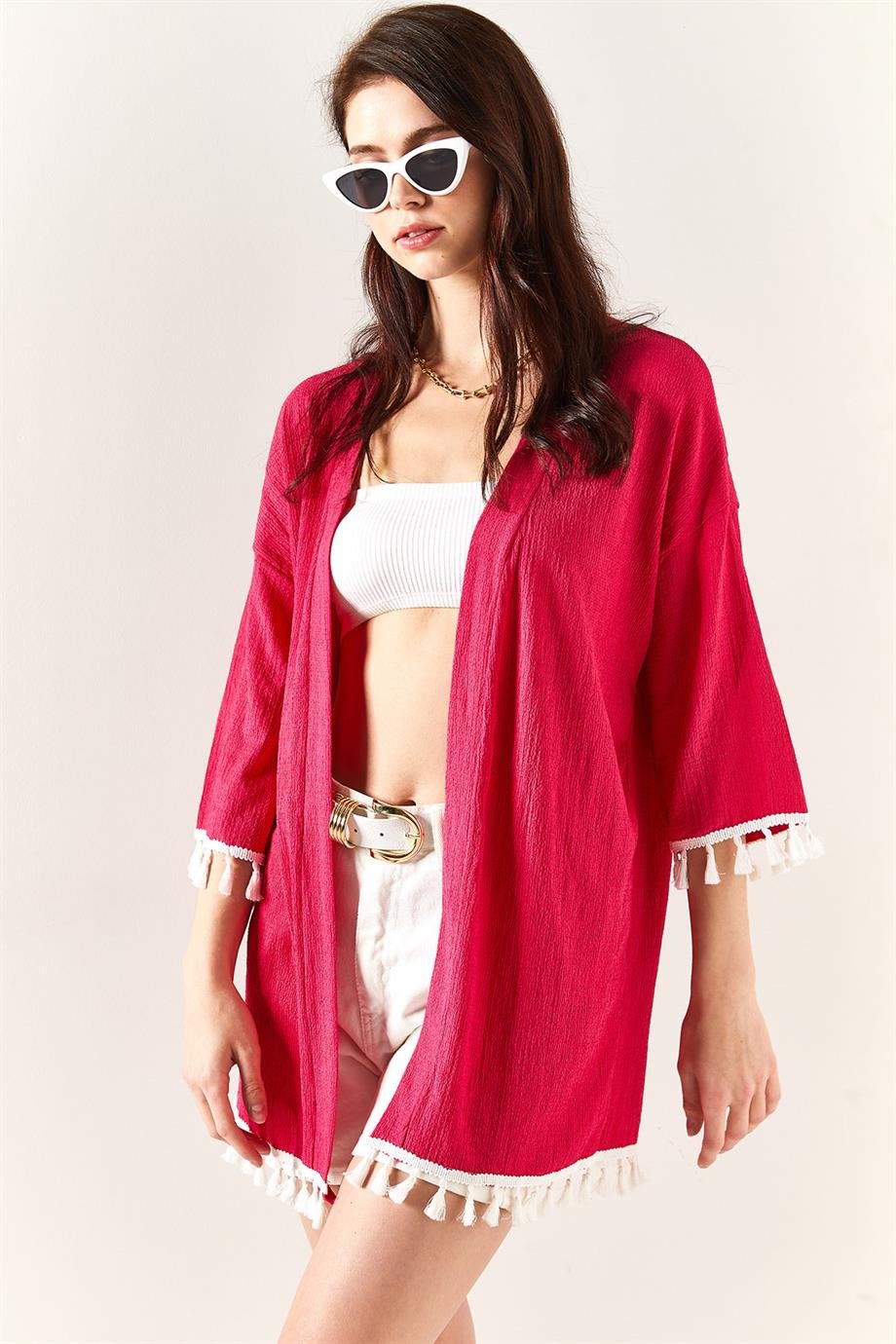 Püsküllü Dokuma Salaş Kimono Fuşya