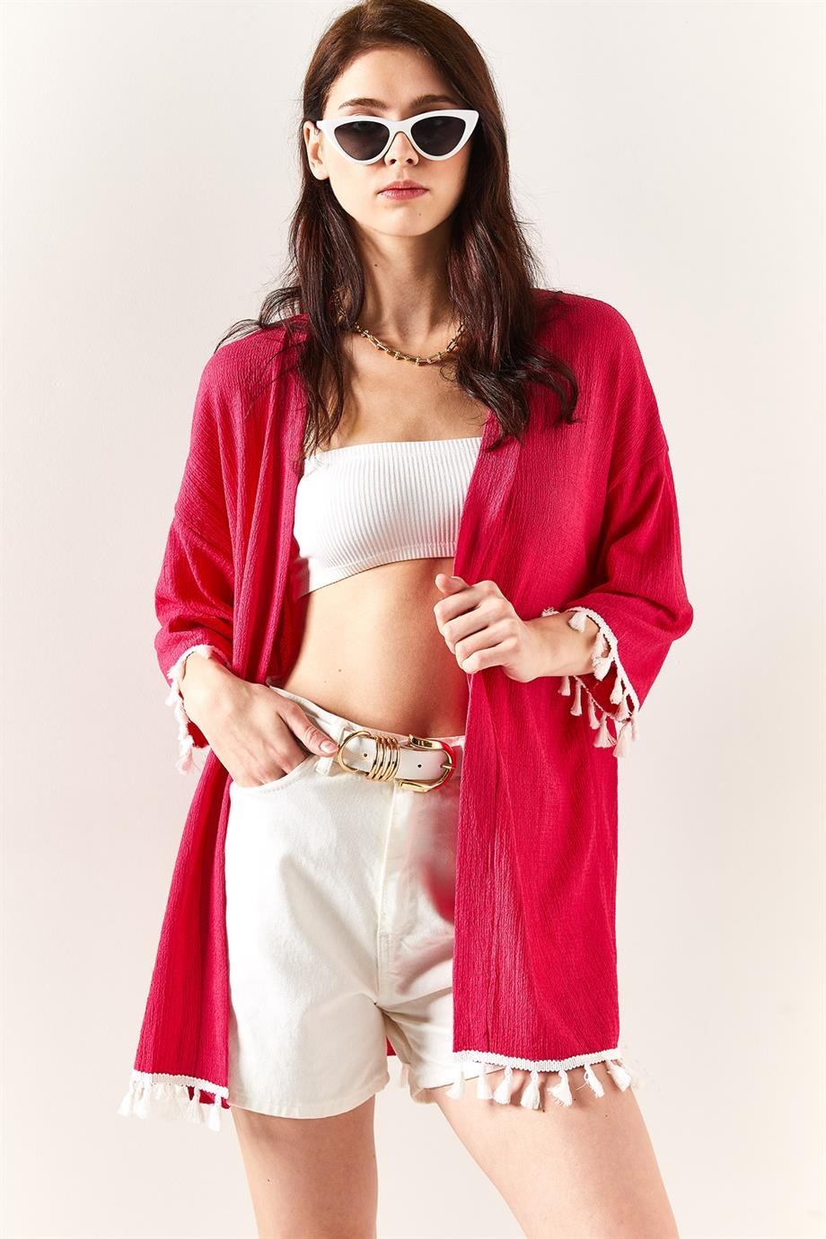 Püsküllü Dokuma Salaş Kimono Fuşya
