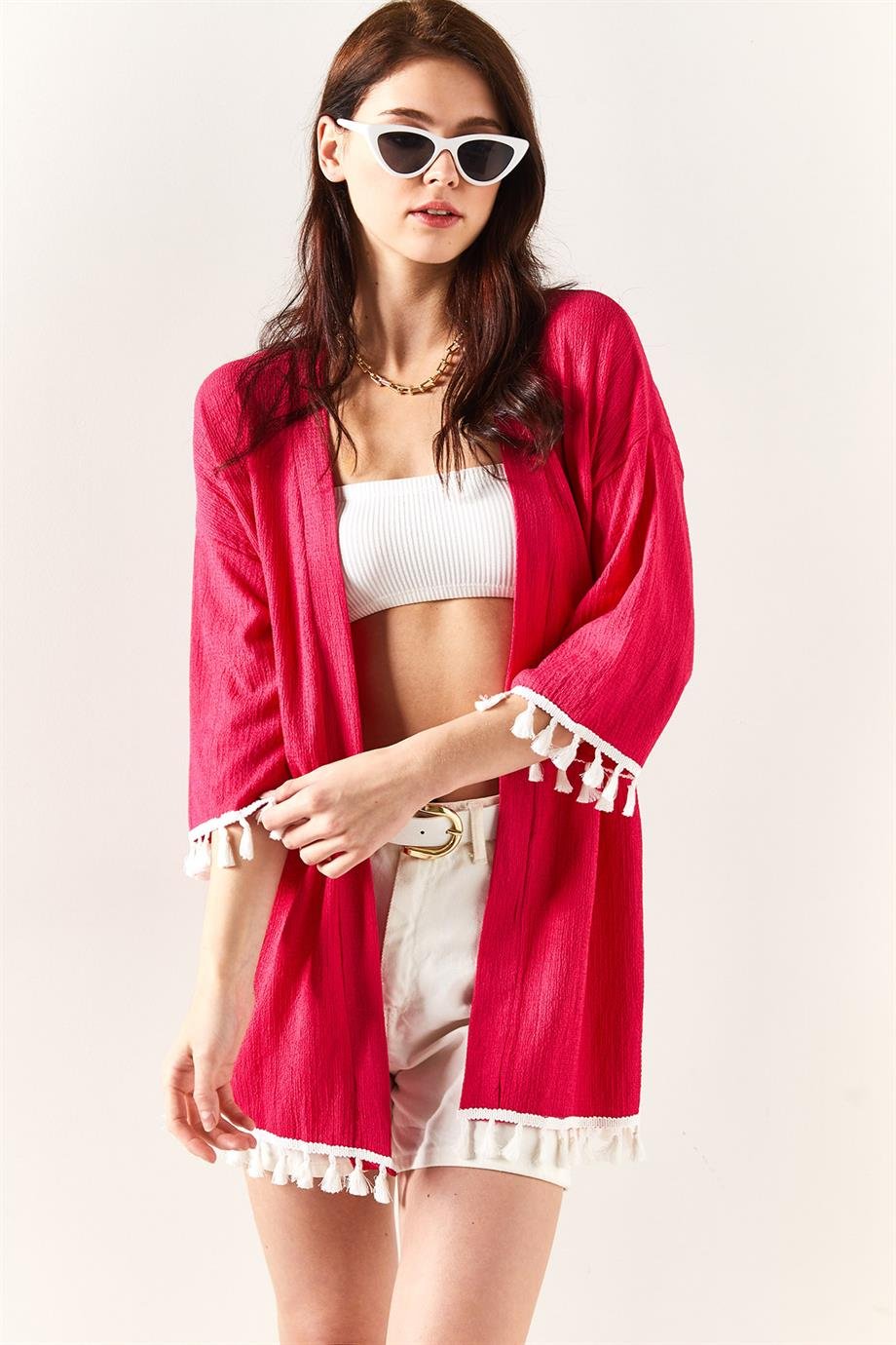 Püsküllü Dokuma Salaş Kimono Fuşya