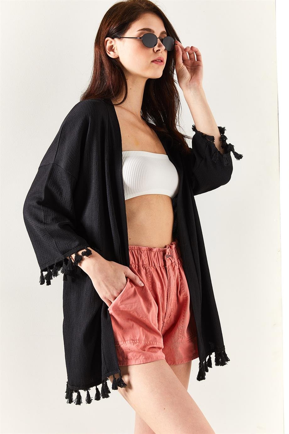 Püsküllü Dokuma Salaş Kimono Siyah