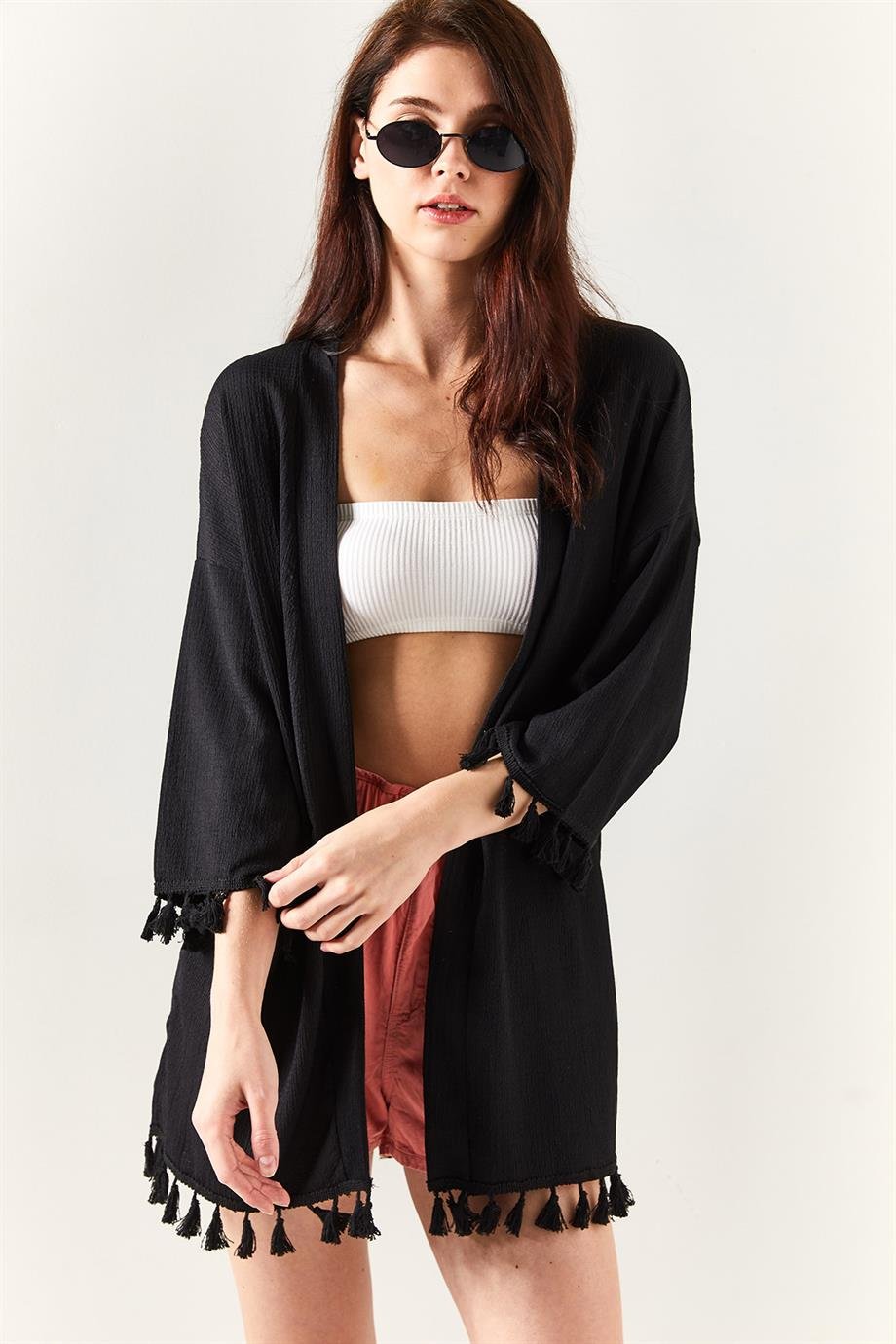 Püsküllü Dokuma Salaş Kimono Siyah