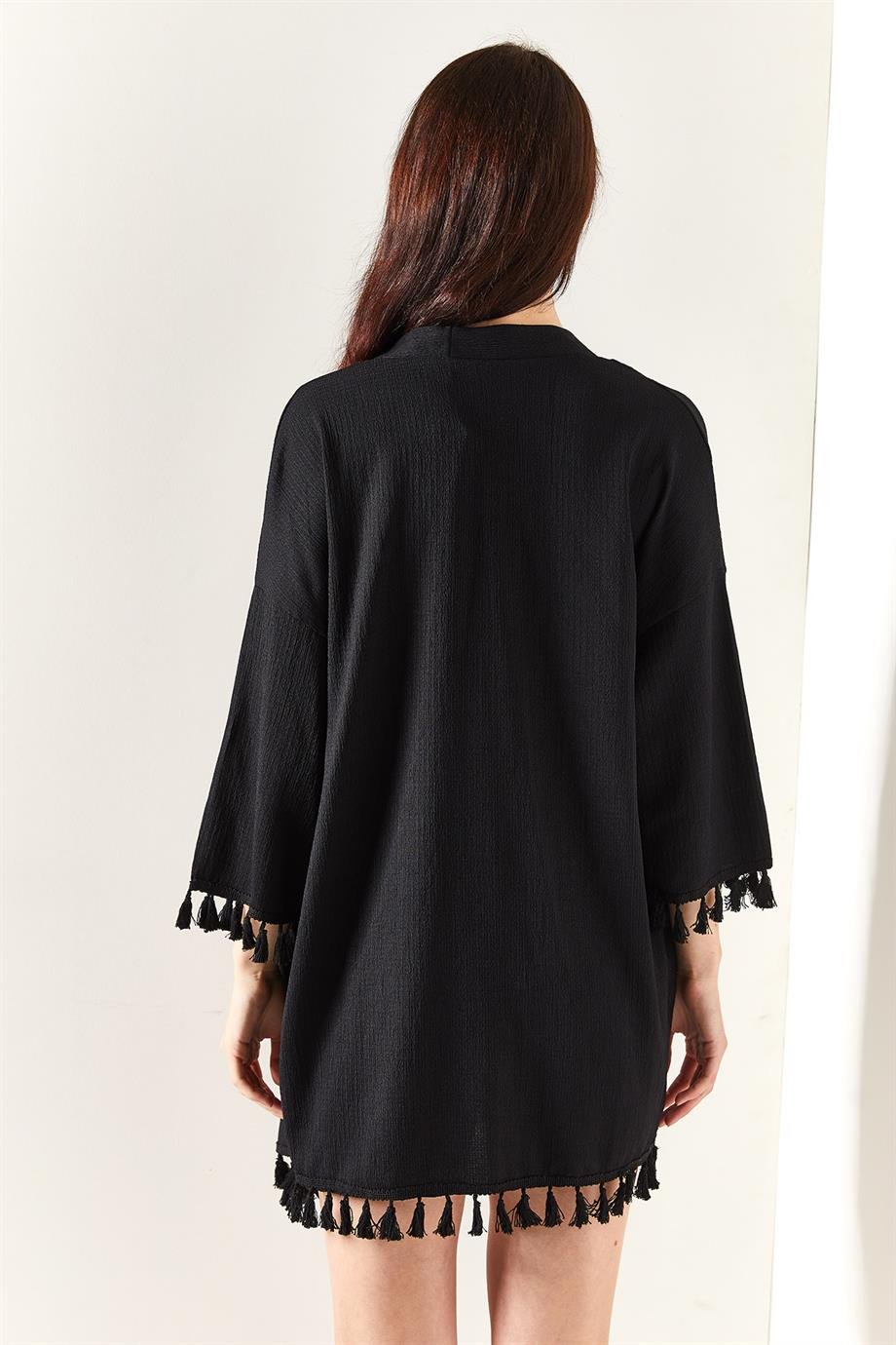 Püsküllü Dokuma Salaş Kimono Siyah