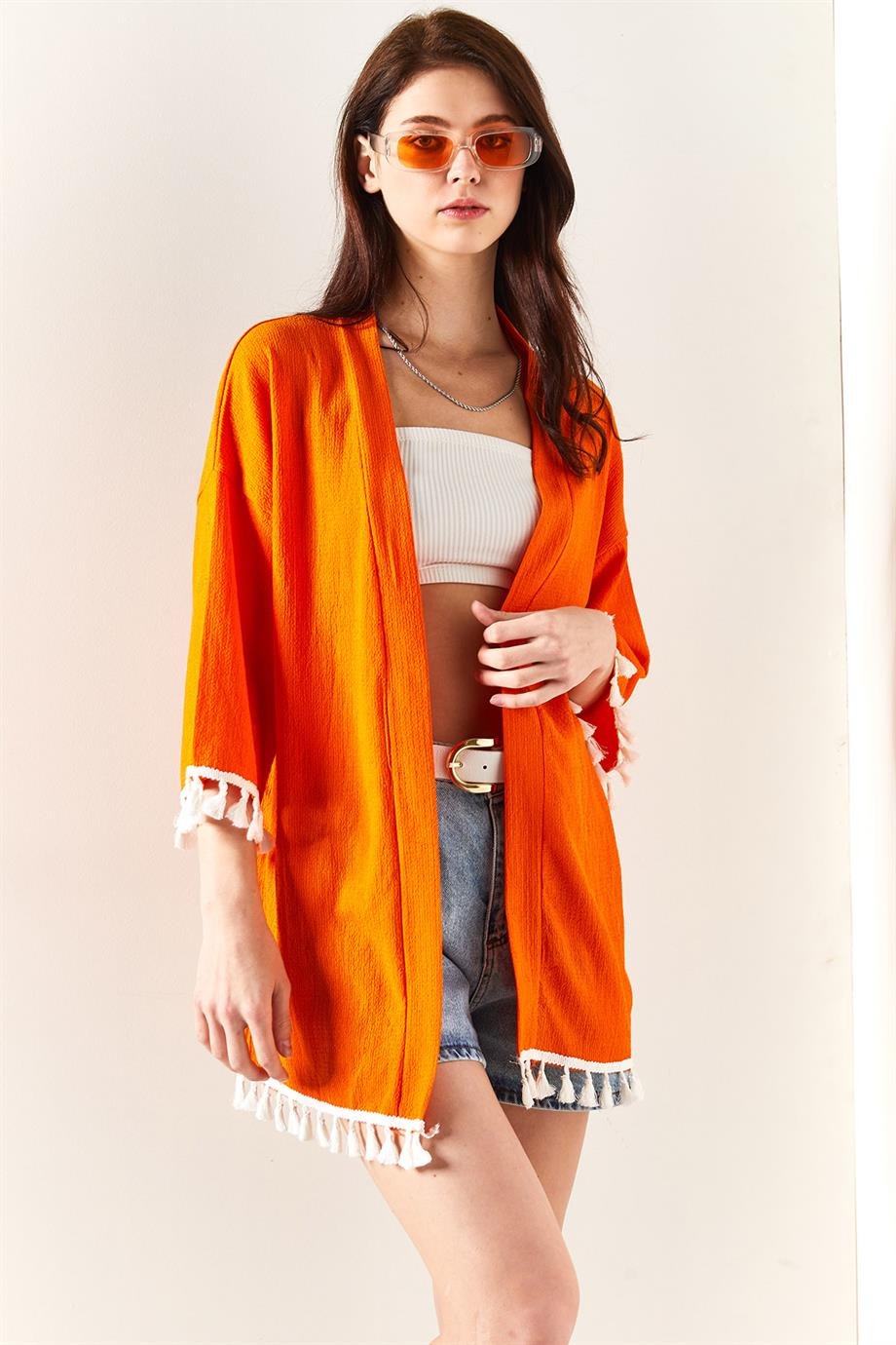 Püsküllü Dokuma Salaş Kimono Turuncu