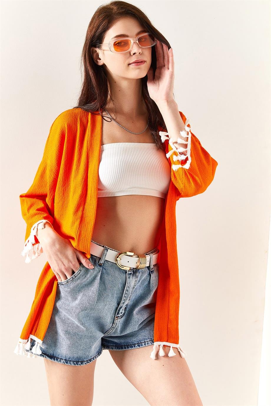 Püsküllü Dokuma Salaş Kimono Turuncu