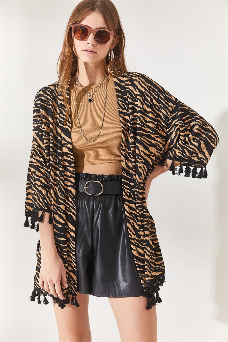Püsküllü Salaş Örme Kimono Camel Zebra