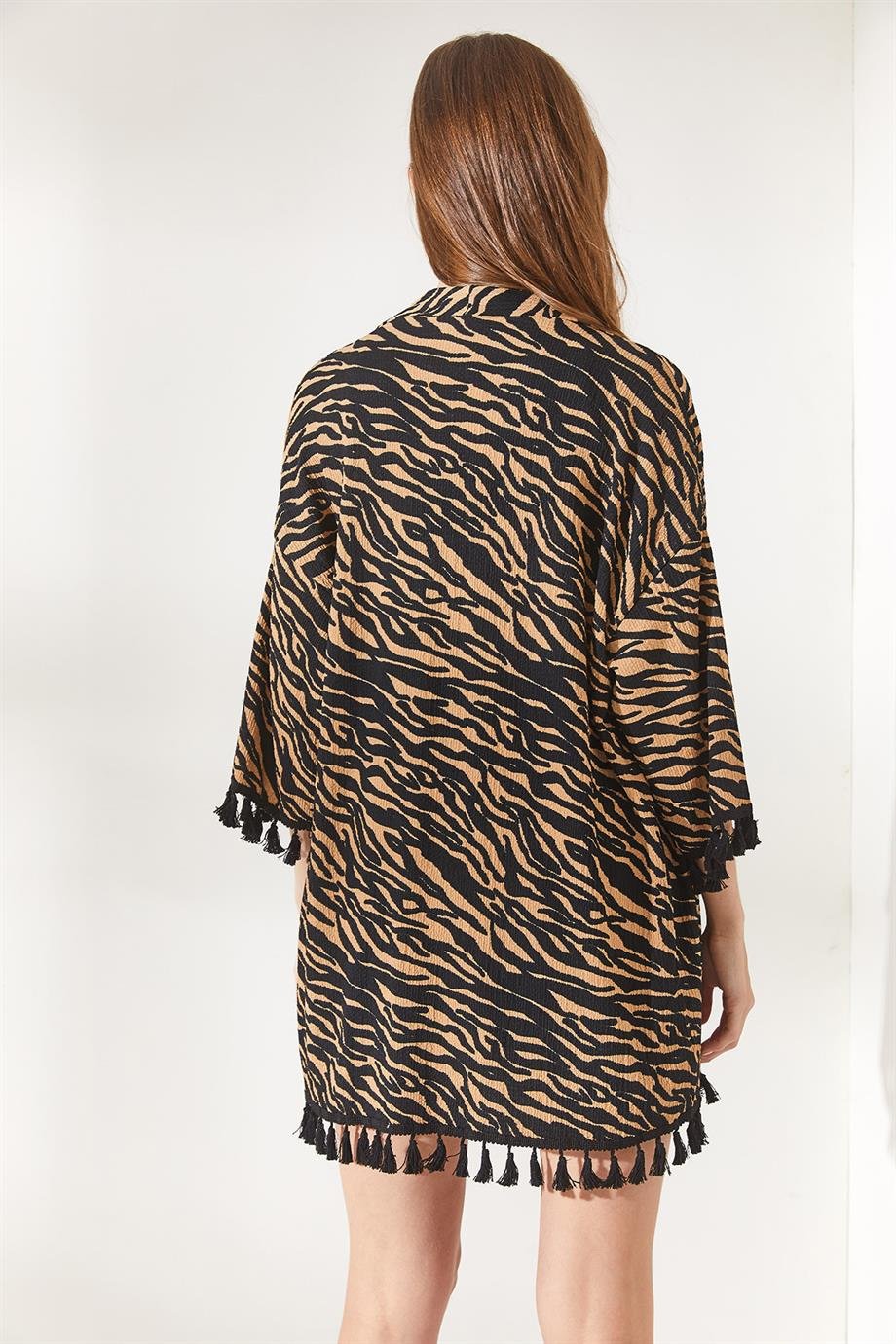 Püsküllü Salaş Örme Kimono Camel Zebra