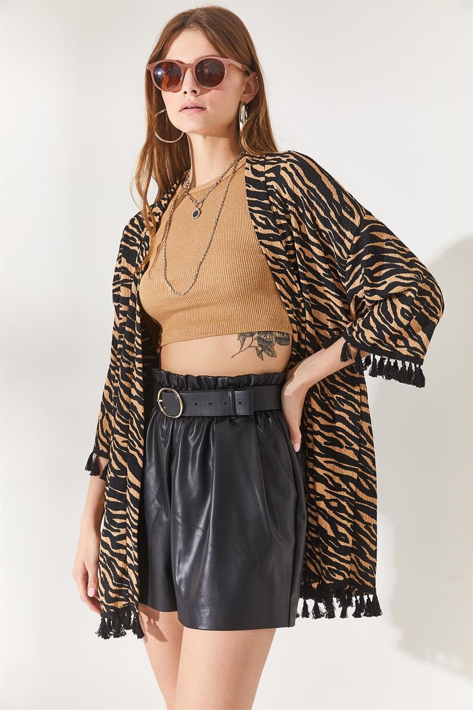 Püsküllü Salaş Örme Kimono Camel Zebra