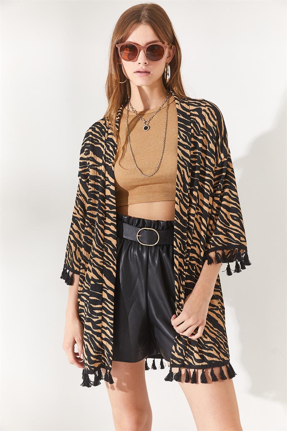 Püsküllü Salaş Örme Kimono Camel Zebra