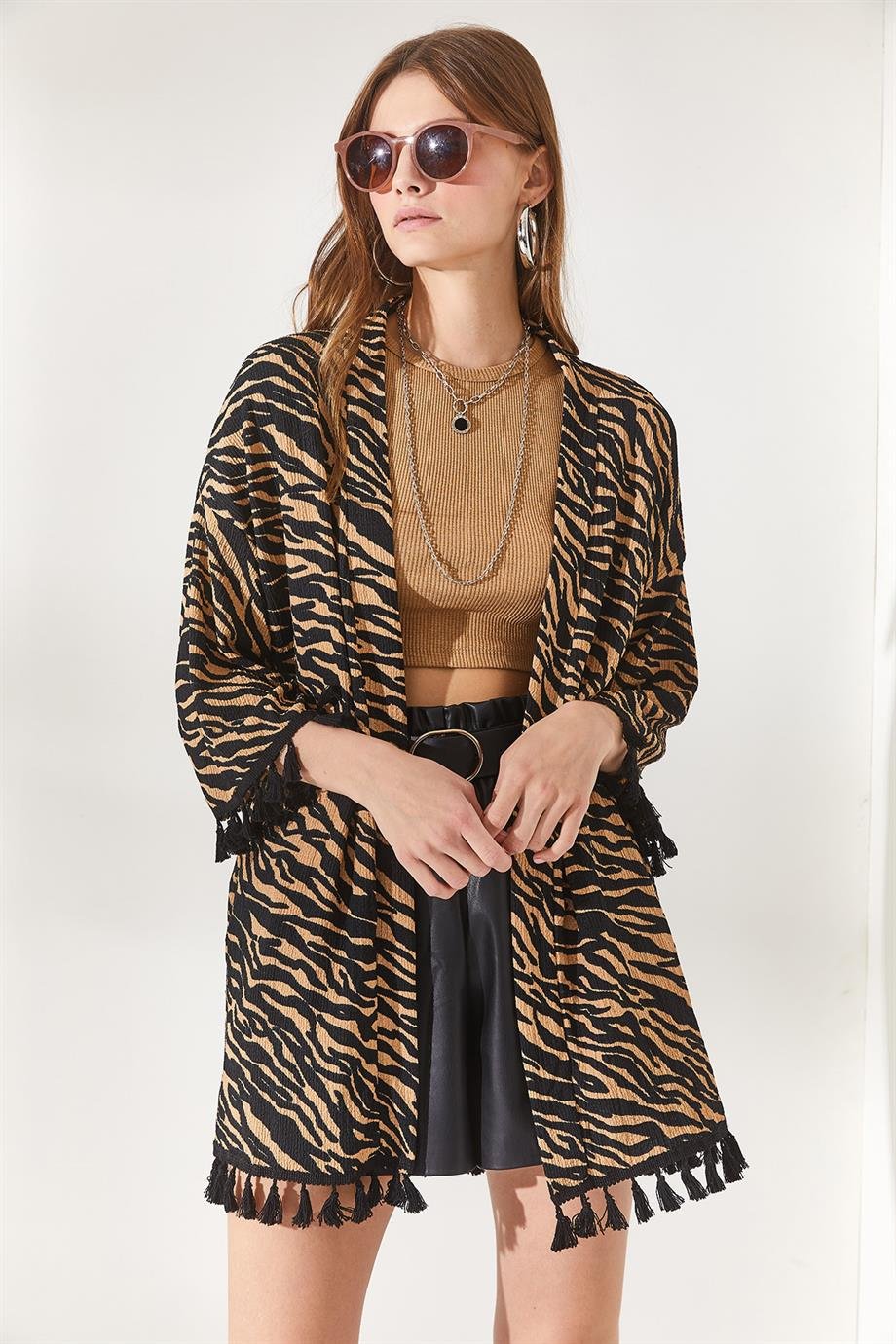Püsküllü Salaş Örme Kimono Camel Zebra