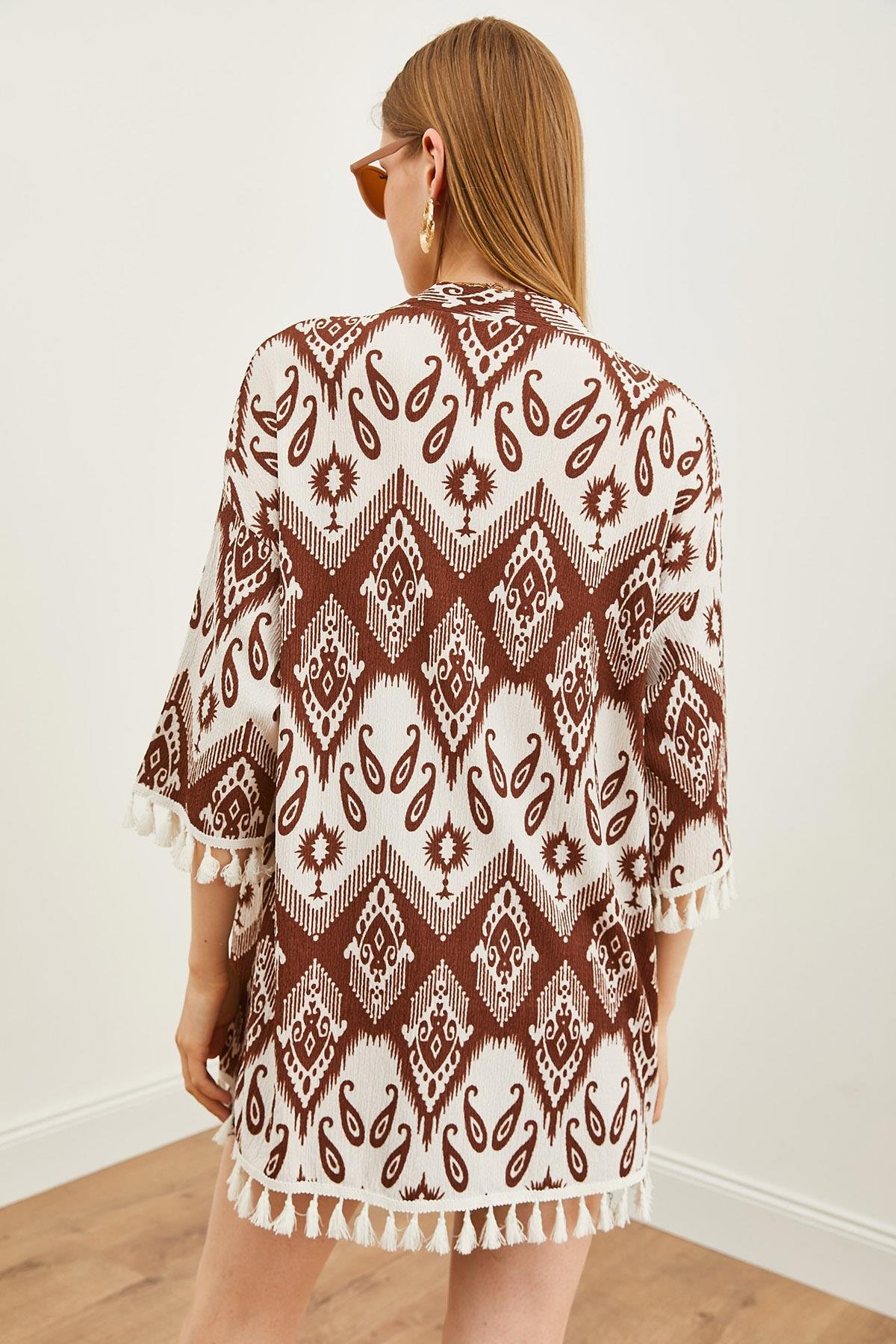 Püsküllü Salaş Örme Kimono Etnik Kahve
