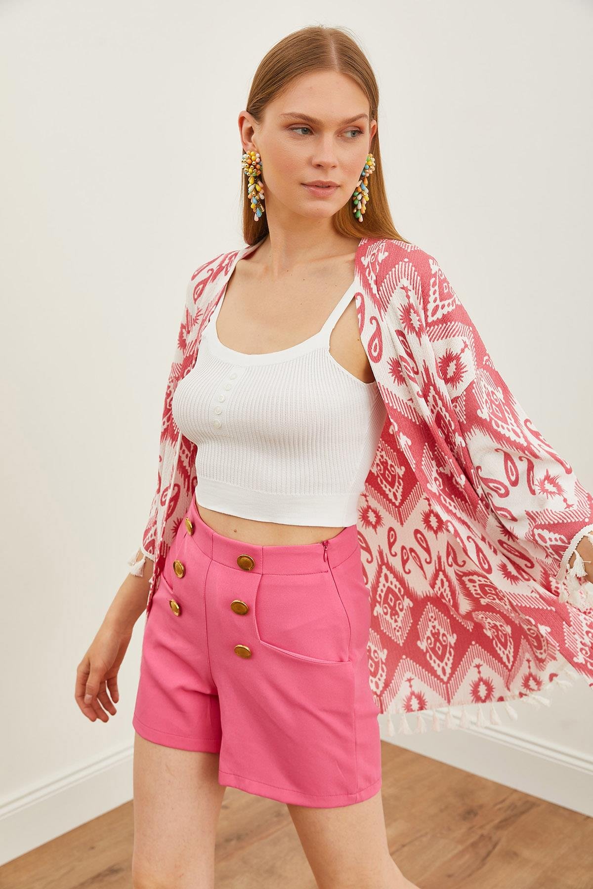 Püsküllü Salaş Örme Kimono Etnik Pembe