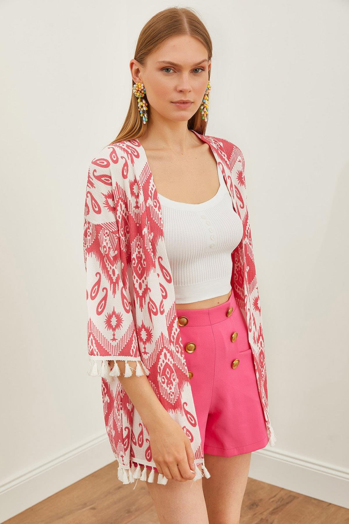 Püsküllü Salaş Örme Kimono Etnik Pembe