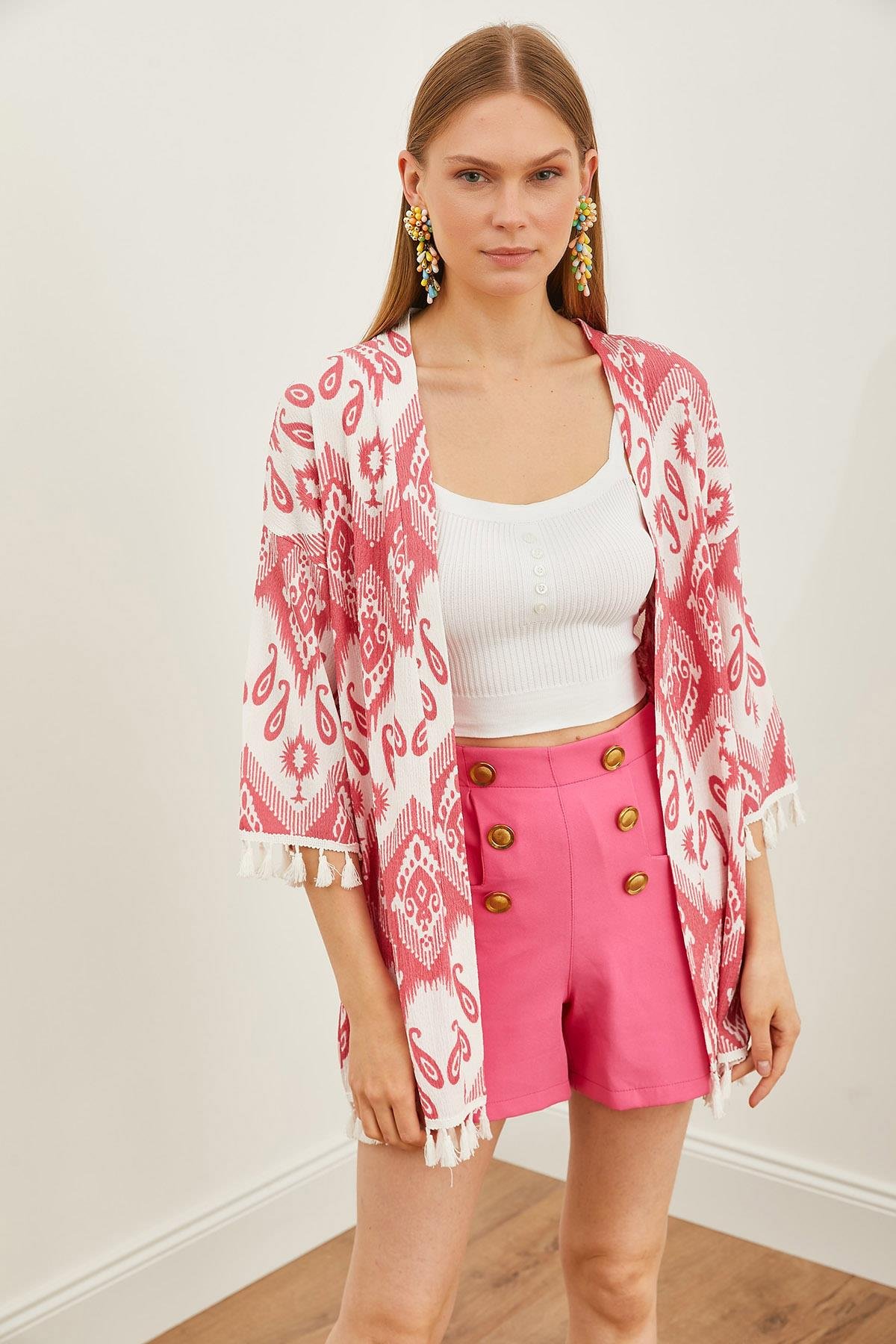 Püsküllü Salaş Örme Kimono Etnik Pembe