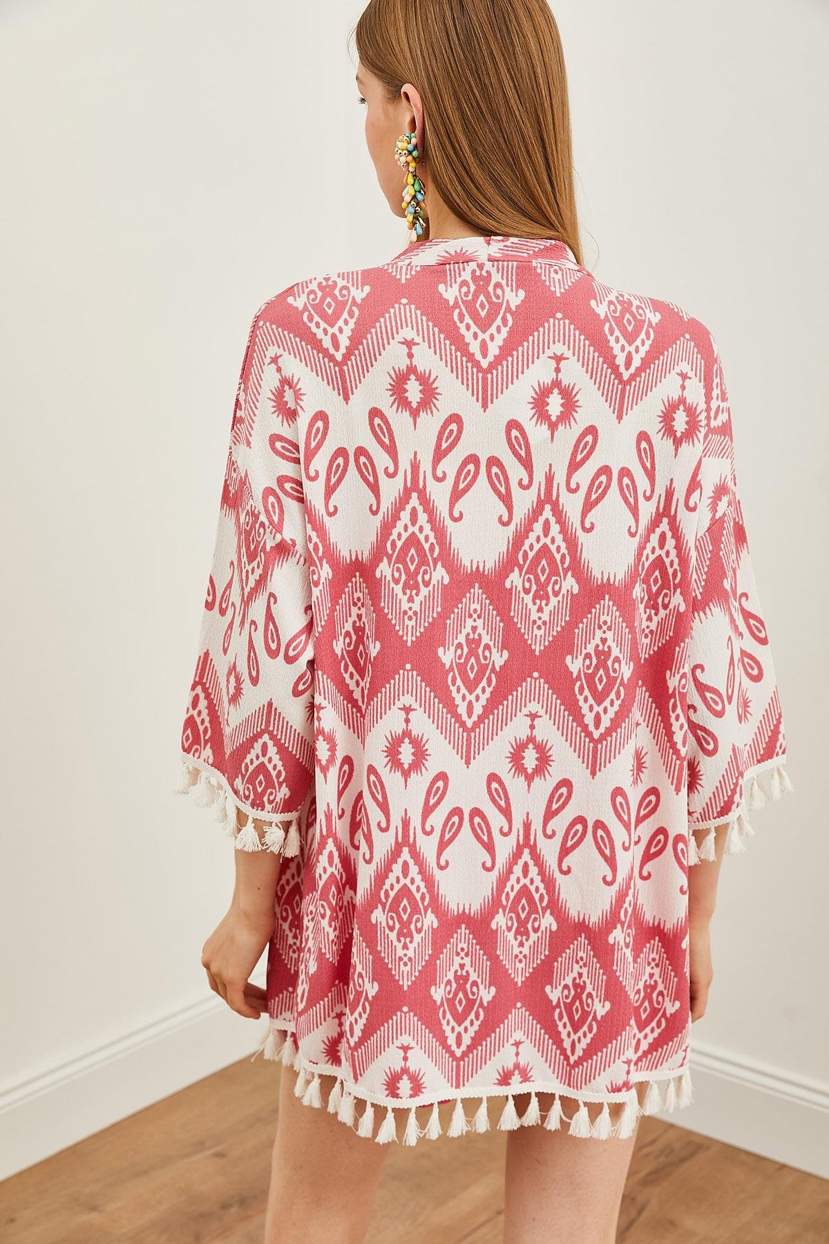 Püsküllü Salaş Örme Kimono Etnik Pembe