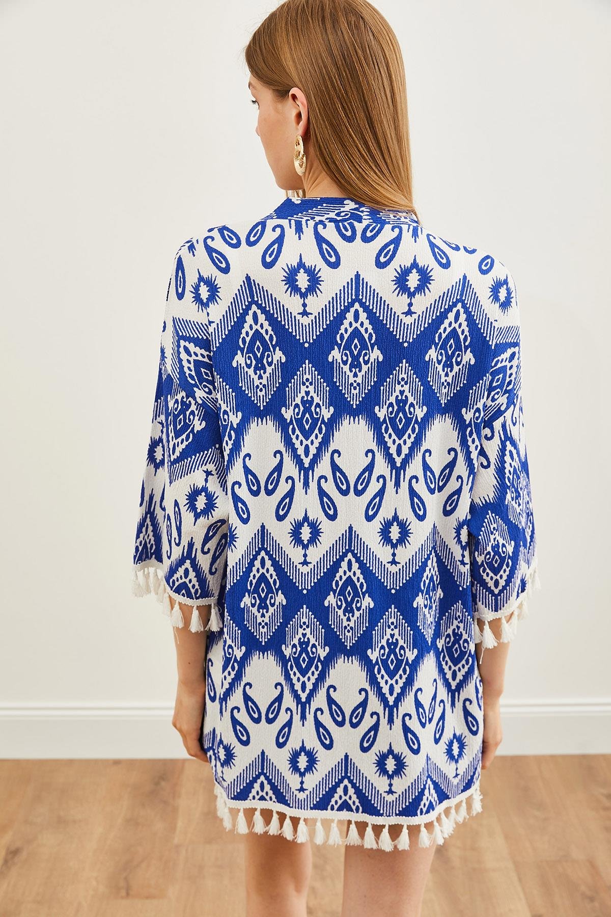 Püsküllü Salaş Örme Kimono Etnik Saks Mavi