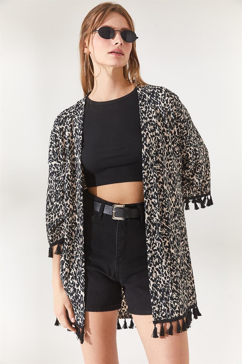 Püsküllü Salaş Örme Kimono Leopar Bej