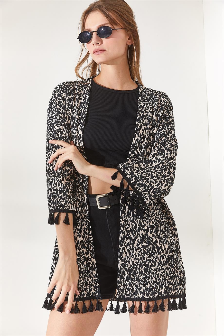 Püsküllü Salaş Örme Kimono Leopar Bej