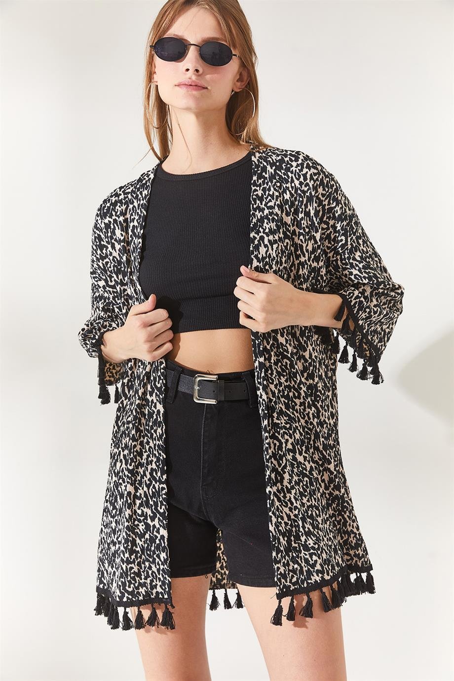 Püsküllü Salaş Örme Kimono Leopar Bej