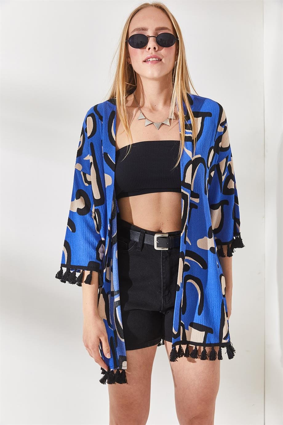 Püsküllü Salaş Örme Kimono Saks Mavi Beyaz