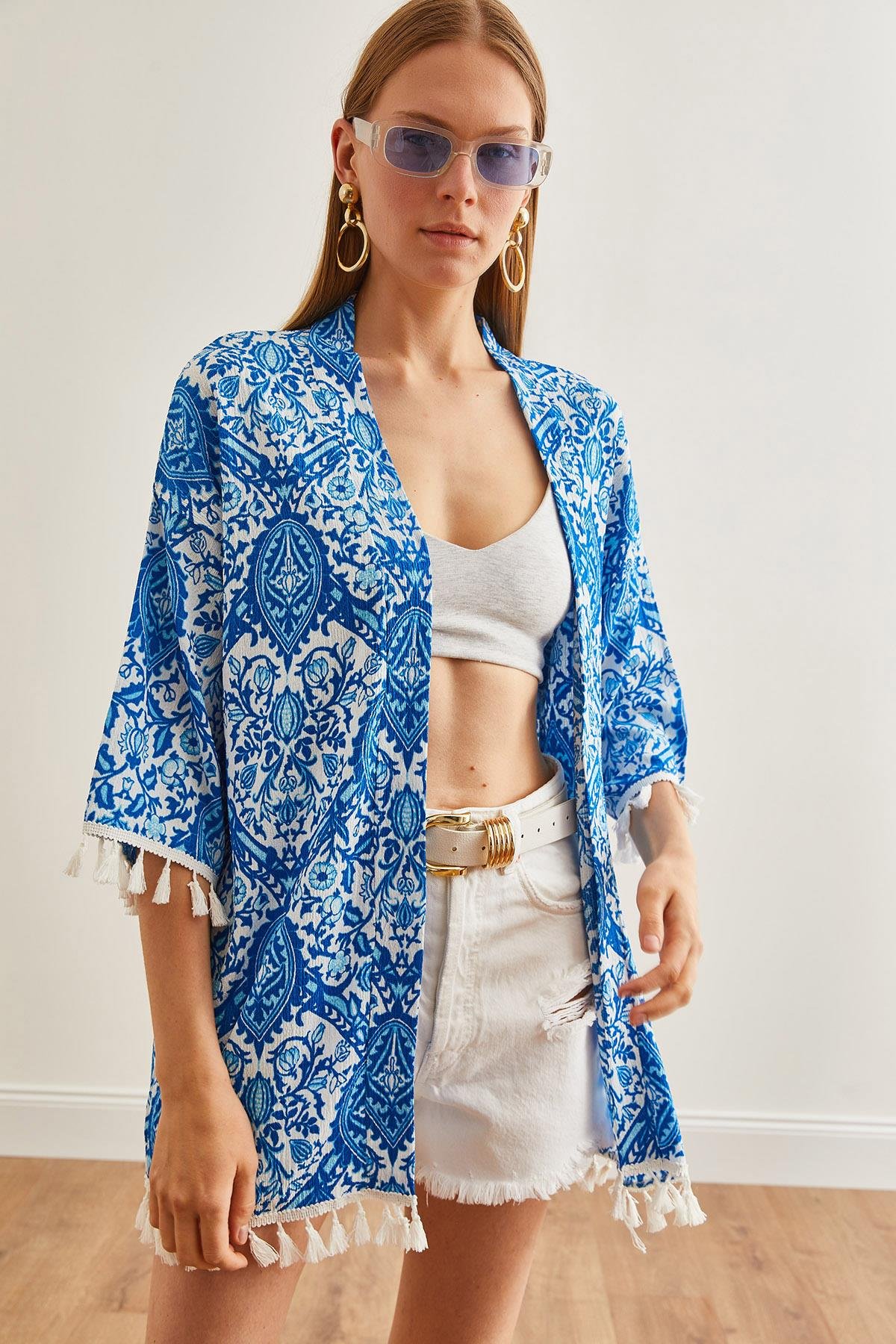 Püsküllü Salaş Örme Kimono Şal Mavi